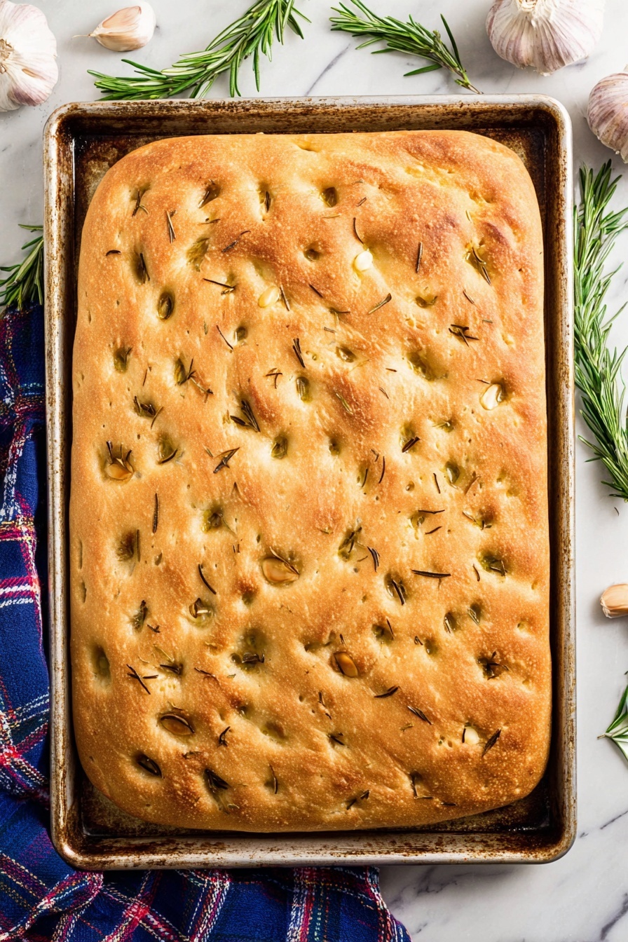 Garlic Rosemary Focaccia Bread, homemade focaccia, fluffy garlic focaccia, rosemary bread recipe, savory bread with garlic and rosemary - A large rectangular focaccia bread with a golden-brown crust sits in a well-used metal baking tray. The top layer is dotted with small indentations filled with olive oil and scattered rosemary leaves and garlic cloves, giving it a textured look. The bread’s surface has an armchair-soft, bumpy texture with some spots darker than others from baking. The tray is placed on a white marbled surface with garlic bulbs, a blue and red checkered cloth, and fresh rosemary sprigs nearby, adding to the rustic kitchen setting. Photo taken with an iphone --ar 2:3 --v 7