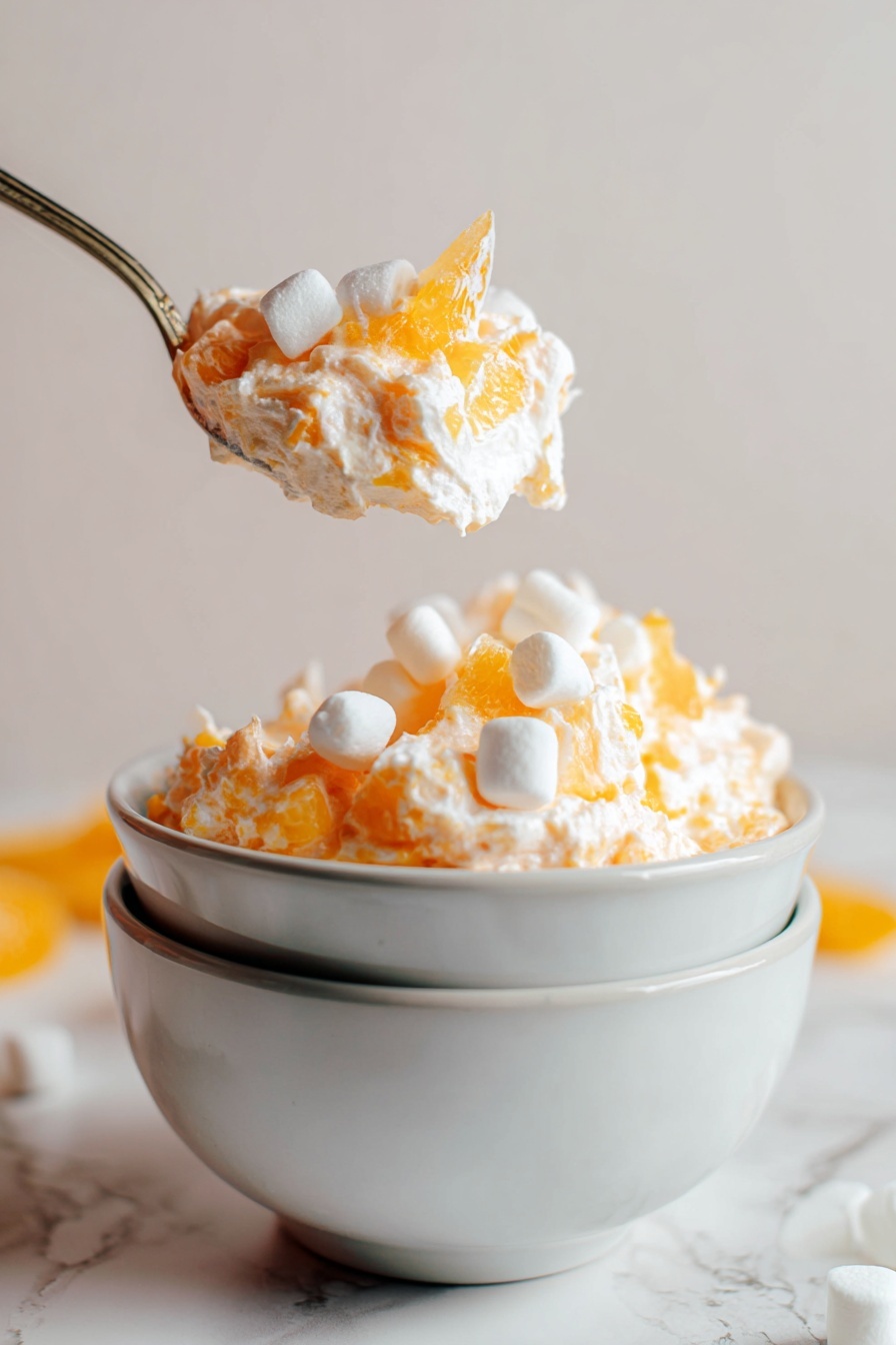 Mandarin Orange Salad with Marshmallows, citrus fruit salad, creamy fruit salad, nostalgic dessert salad, easy potluck salad - A round white bowl is filled to the top with a fluffy, light orange creamy mixture speckled with small pieces of mandarin oranges. On top, there are several whole mandarin orange slices scattered evenly along with small white marshmallows. The bowl sits on a white marbled surface with more fresh mandarin orange slices and small marshmallows spread around it. Next to the bowl is a soft pink cloth and two vintage silver spoons. The texture of the mixture looks light and whipped with visible orange bits inside. Photo taken with an iphone --ar 2:3 --v 7
