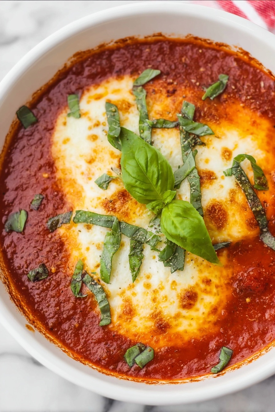 Goat Cheese Marinara Dip, easy appetizer with goat cheese and marinara, creamy goat cheese dip, quick savory dip recipes, crowd-pleasing party dip - A white bowl filled with rich red tomato sauce that has a smooth texture and is slightly chunky around the edges. On top of the sauce, there is a large round layer of melted cheese with golden brown spots, giving it a bubbly and creamy look. Scattered over the cheese are thin green strips of fresh basil leaves, with one whole green basil leaf placed in the center as decoration. The bowl sits on a white marbled surface. photo taken with an iphone --ar 2:3 --v 7