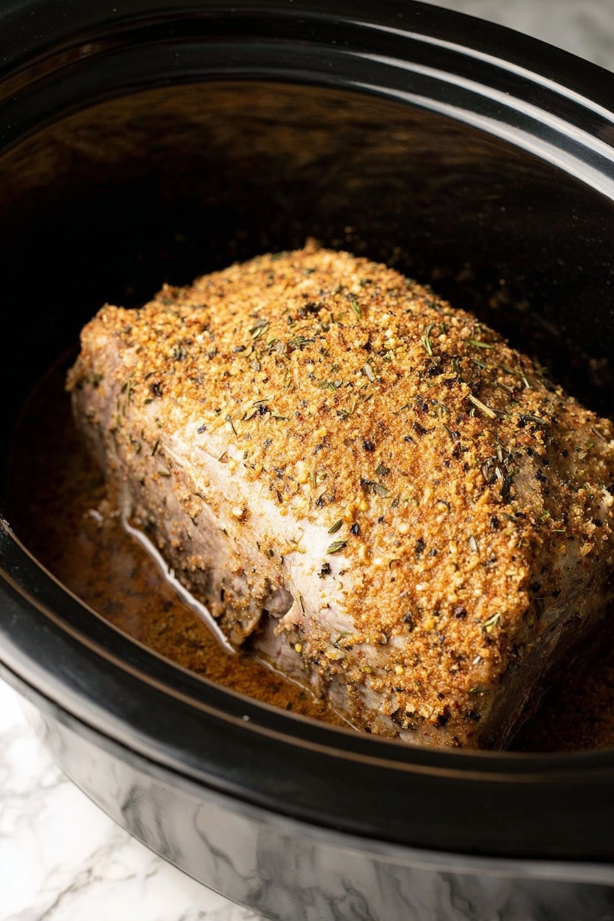 Crock Pot Pork Roast with Easy Gravy, slow cooker pork roast, tender pork recipes, effortless pork dinner, easiest pork gravy recipe - A large piece of meat covered with a crumbly spice and herb coating sits inside a black slow cooker. The meat has a light golden-brown color with visible small black and green herbs pressed into the crust. The slow cooker has a smooth shiny surface on the inside, creating a contrast with the rough and textured meat. The cooker is set on a surface with a white marbled pattern that is barely visible at the bottom edge of the image. The lighting highlights the spices and texture on the meat, making it look tender and well-seasoned photo taken with an iphone --ar 2:3 --v 7