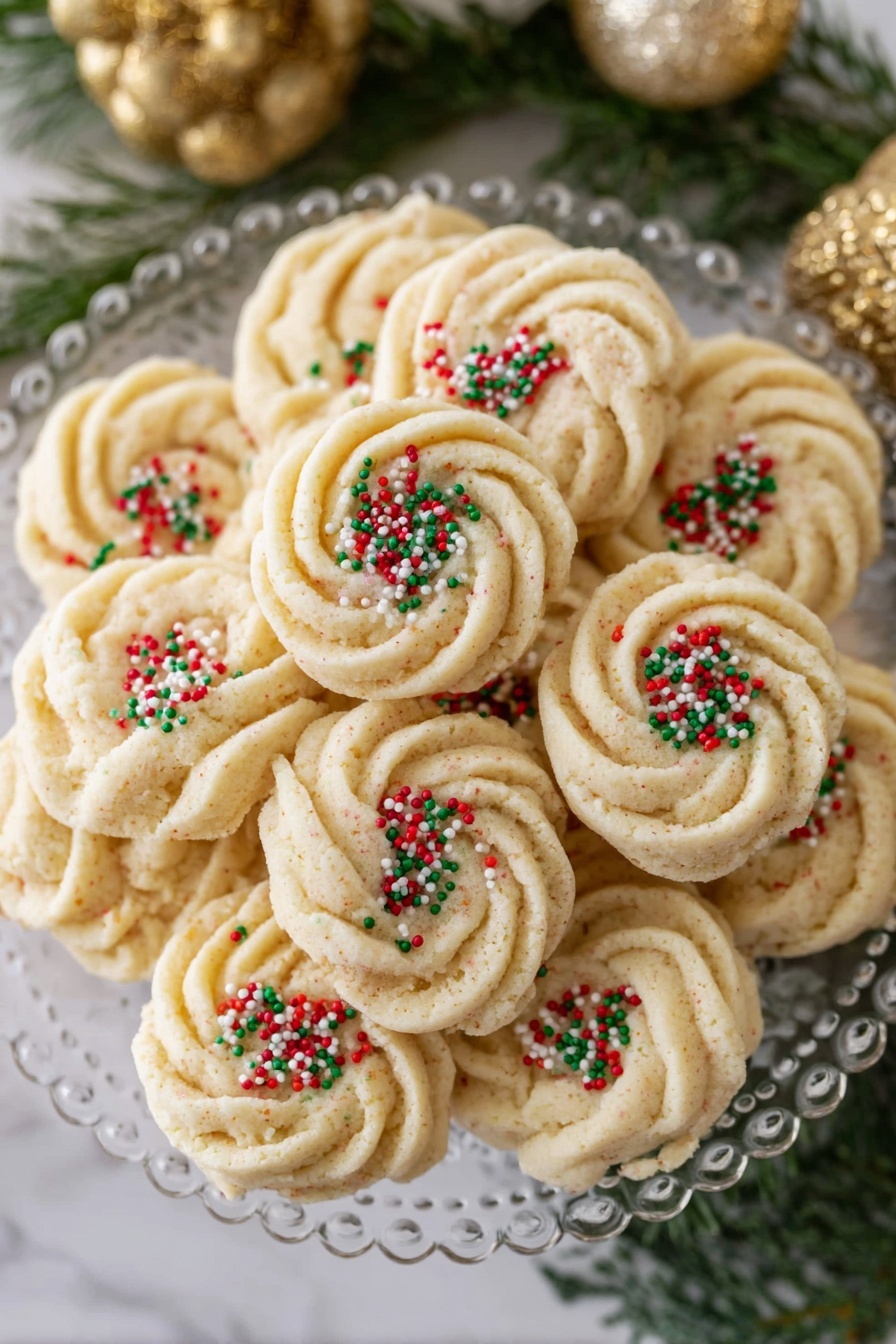 Best Butter Cookie, Butter Cookie Recipe, Homemade Butter Cookies, Classic Butter Cookies, Easy Butter Cookie Instructions - A clear glass plate sits on a white marbled surface filled with round cookies in a swirl pattern with soft beige color. Each cookie is topped with tiny round sprinkles in red, green, and white, adding a festive touch. The cookies have a textured, slightly crumbly look with neat, spiraled ridges, arranged closely together and overlapping a bit. The background shows some blurred green pine branches and golden ornaments, hinting at a holiday setting. photo taken with an iphone --ar 2:3 --v 7