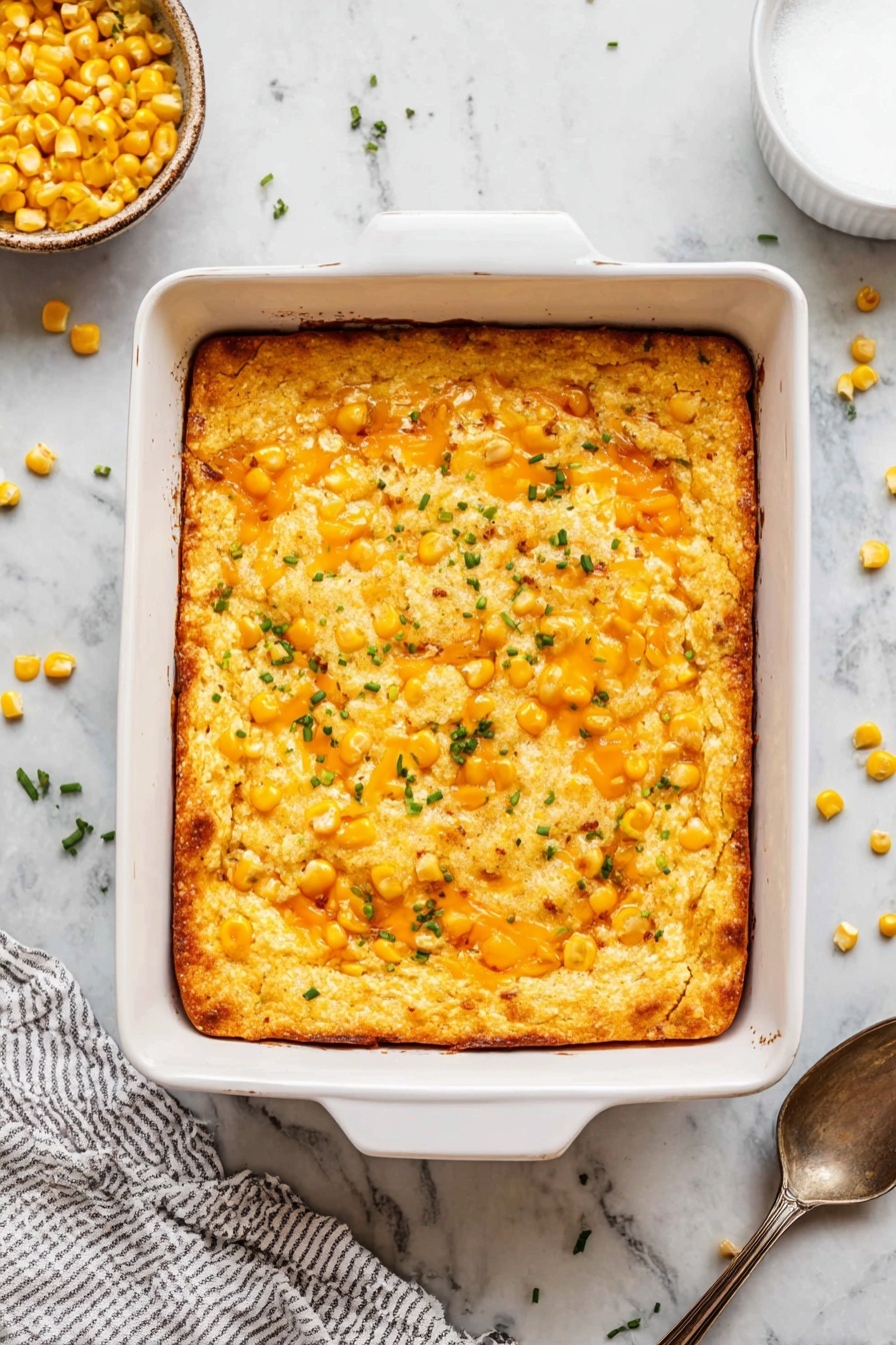 Creamy Cornbread Casserole, cornbread casserole with cheese, easy creamy cornbread bake, comforting cornbread side dish, moist cornbread casserole - A square white baking dish holds a golden casserole with a slightly crispy top layer dotted with whole yellow corn pieces and melted orange cheese. The casserole surface is sprinkled with small bits of green herbs, giving a fresh contrast to the warm colors. The sides of the dish show the casserole's thick, soft texture, with a light brown crust along the edges. The casserole is set on a white marbled surface, with some loose corn kernels scattered nearby, a small bowl of corn to the left, a striped cloth napkin below, and a spoon to the right. Photo taken with an iphone --ar 2:3 --v 7