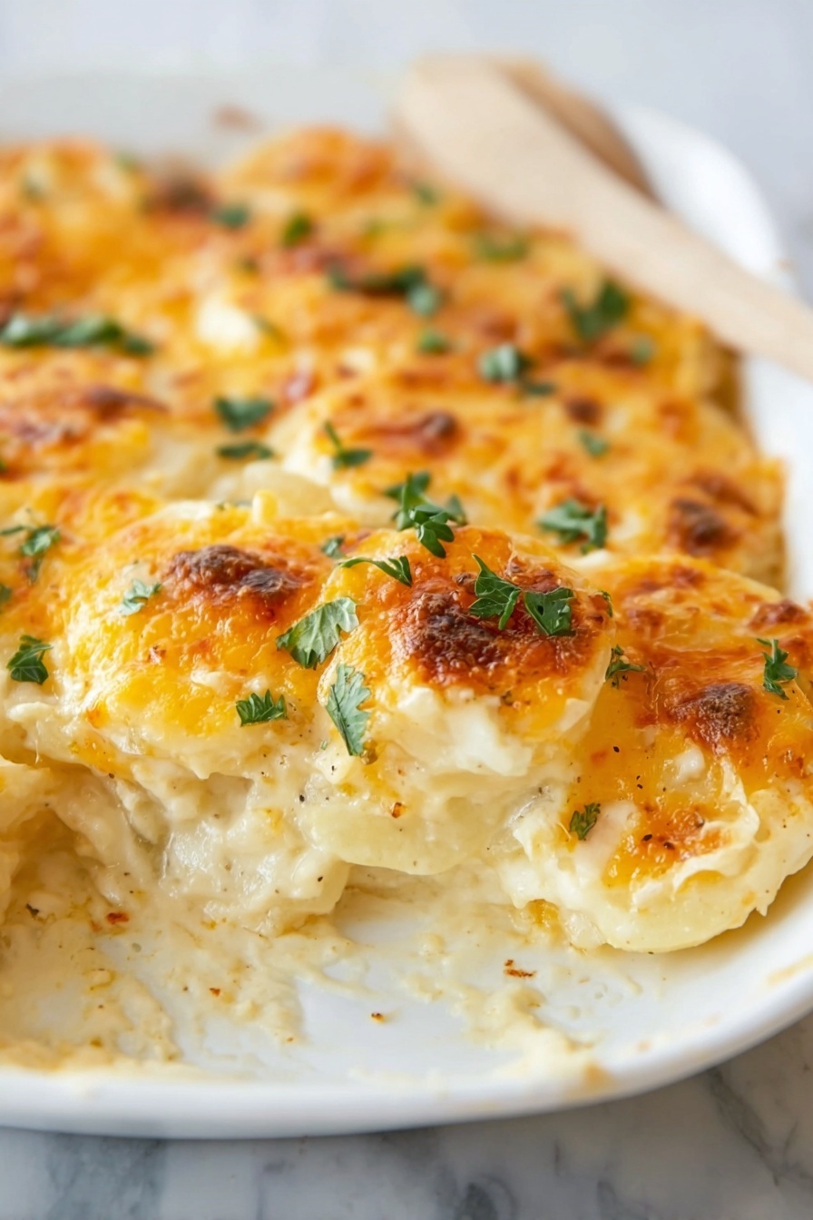 Cheesy Scalloped Potatoes, cheesy potato casserole, creamy scalloped potatoes, easy scalloped potatoes recipe, cheesy potato side dish - A wooden spoon lifts a scoop of creamy scalloped potatoes from a white rectangular baking dish. The dish shows three visible layers: a thick bottom layer of tender white potato slices, a middle layer of smooth white cheese sauce, and a top layer of melted golden-brown cheese with slightly crispy edges. Small green herb pieces are scattered on top, adding color contrast. The background is a white marbled texture. Photo taken with an iphone --ar 2:3 --v 7