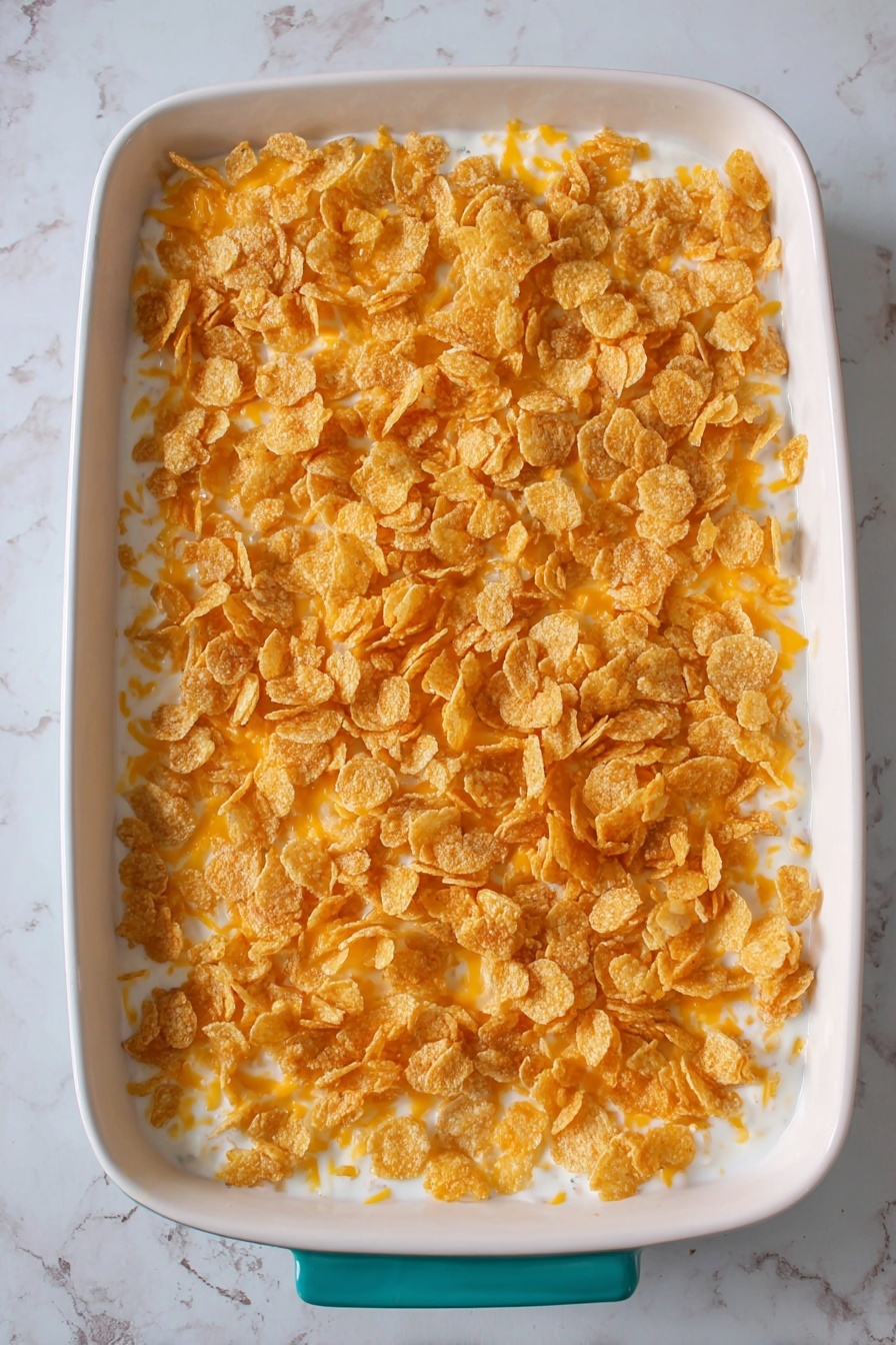 Cheesy Hashbrown Casserole, cheesy hashbrown casserole, cheesy potato casserole, hashbrown casserole recipe, cheesy breakfast casserole - The image shows a white rectangular casserole dish filled with a three-layered casserole. The bottom layer is a creamy white sauce with some small visible pieces of ingredients. The middle layer is light orange shredded cheese scattered evenly. The top layer is a generous covering of crunchy golden corn flakes spread all over. The dish is placed on a white marbled surface, and the dish has a teal handle barely visible at the bottom edge. Photo taken with an iphone --ar 2:3 --v 7