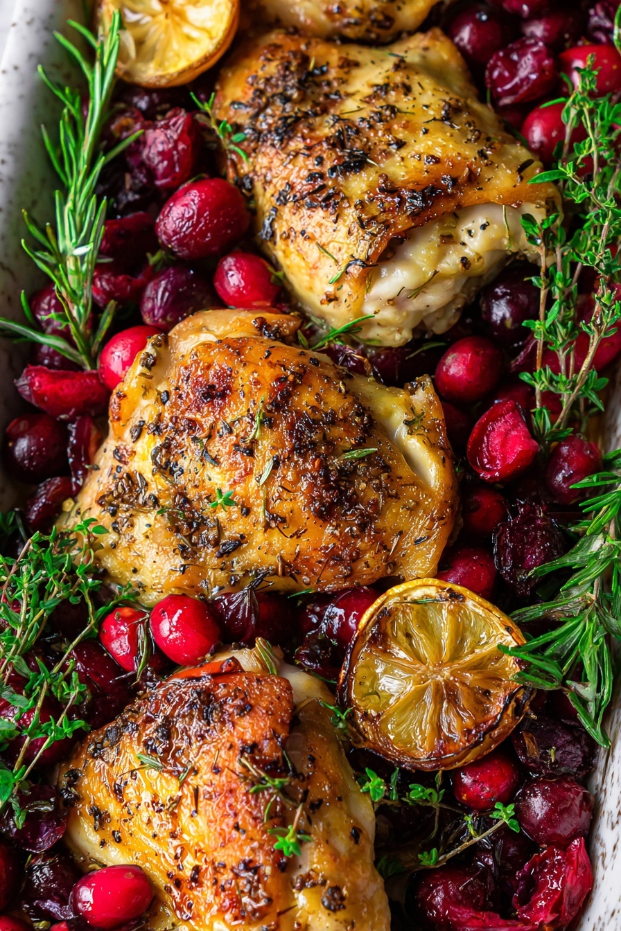 Baked Cranberry Chicken with Rosemary,cranberry chicken recipe,rosemary chicken dish,easy holiday chicken,juicy baked chicken with cranberries - The image shows a close-up of four golden-brown pieces of roasted chicken with crispy skin, placed on a bed of bright red fresh and cooked cranberries and green herbs like rosemary and thyme. There is a halved lemon with a slightly browned surface among the chicken pieces, adding a pop of yellow. The chicken pieces are well seasoned with visible black pepper and herbs. The whole scene is set on a white marbled textured background, giving a clean and fresh look. The colors of the roasted chicken, red cranberries, green herbs, and yellow lemon make the image rich and vibrant. photo taken with an iphone --ar 2:3 --v 7