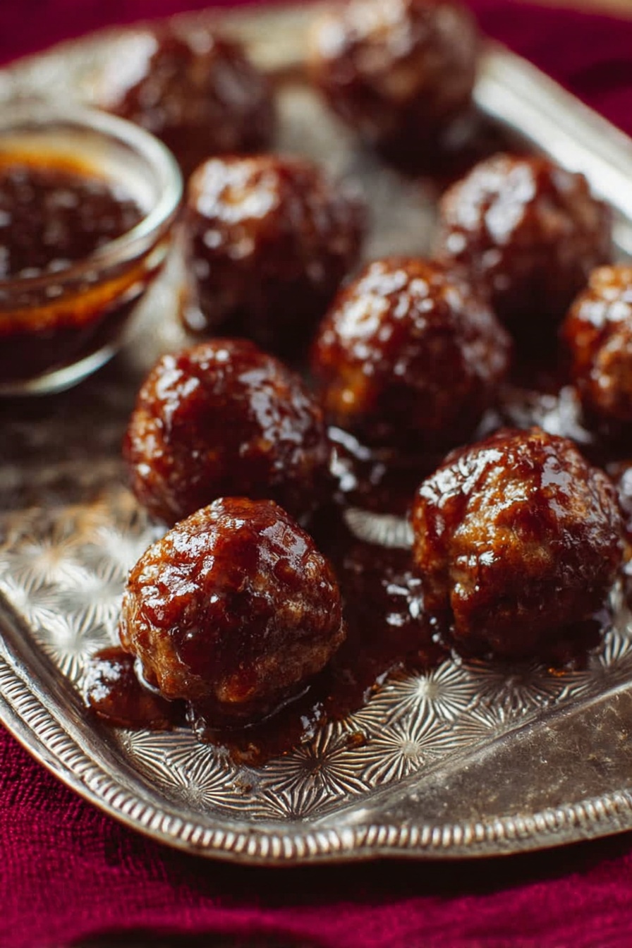 Korean Gochujang Meatballs, Korean Gochujang Meatballs recipe, spicy meatballs with gochujang, Korean-inspired meatball dish, flavorful Asian meatballs - A metal tray with shiny, patterned surface holds several small, round meatballs covered in thick dark brown sauce that looks sticky and glossy. The meatballs are placed close but not touching, with one meatball on the near edge of the tray sitting in a small pool of sauce. On the left side of the tray, there is a small glass bowl partly visible, filled with the same dark brown sauce. The tray sits on a deep red cloth, and the overall lighting shows shine on the sauce and texture on the meatballs. photo taken with an iphone --ar 2:3 --v 7
