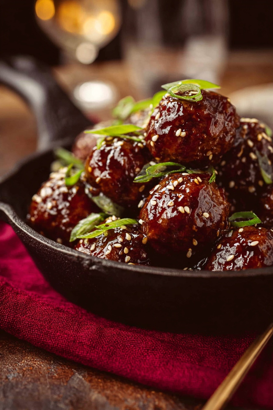 Korean Gochujang Meatballs, Korean Gochujang Meatballs recipe, spicy meatballs with gochujang, Korean-inspired meatball dish, flavorful Asian meatballs - A rustic dark pan filled with shiny dark brown meatballs stacked in two layers, each meatball coated with a thick glossy sauce, sprinkled with small sesame seeds and garnished with thin bright green sliced scallions scattered over the top. The pan rests on a deep red cloth, with a soft-focus brown background and a blurred glass in the distance, creating a cozy atmosphere. photo taken with an iphone --ar 2:3 --v 7