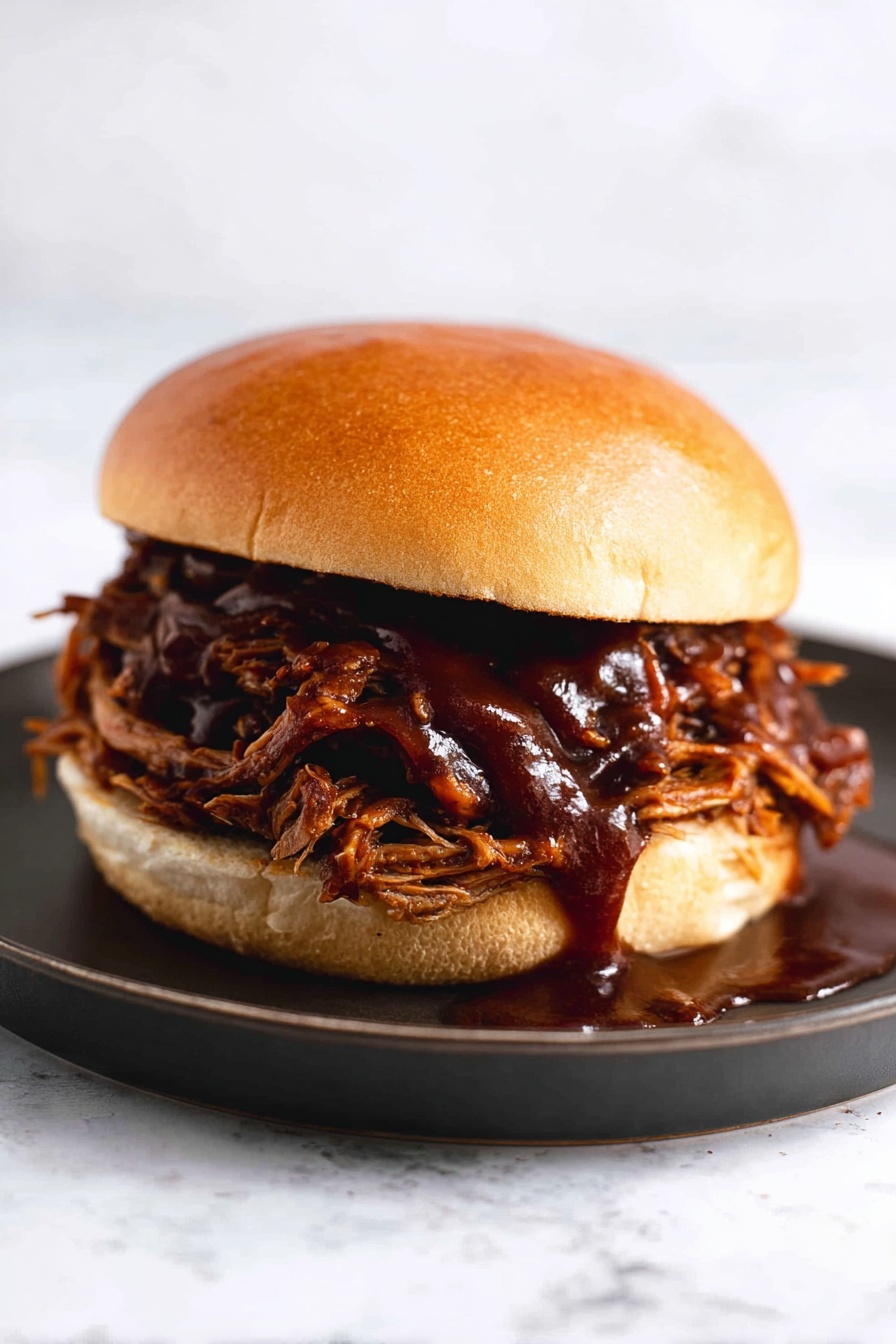 Slow Cooker Honey BBQ Beef Brisket, BBQ brisket recipe, easy slow cooker beef, tender beef brisket, flavorful beef dishes - A sandwich on a soft, shiny light brown bun with two layers: the bottom bun and the top bun. Between them is a large pile of dark brown shredded meat covered in thick, shiny barbecue sauce that drips slightly onto the white marbled surface and around the sandwich. The sandwich sits on a white plate with a soft black color and a slightly glossy texture, and the background is a white marbled texture. photo taken with an iphone --ar 2:3 --v 7