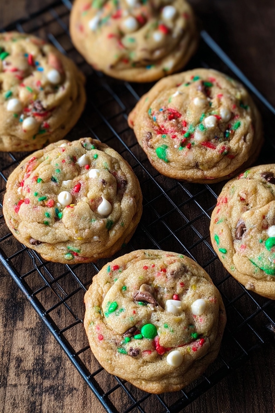 Christmas Chocolate Chip Cookies, holiday cookie recipes, festive chocolate chip cookies, Christmas baking ideas, cinnamon chocolate cookies - The image shows seven round cookies cooling on a black wire rack. Each cookie has a thick, soft texture with little ridges and bumps on the surface. The cookies are a light brown color with many colorful red, green, and blue sprinkles mixed inside, along with small white and dark brown chocolate chips spread evenly throughout. The wire rack sits on a wooden surface, creating a warm and cozy feeling. The cookies look freshly baked with slightly golden edges and a slightly shiny top. photo taken with an iphone --ar 2:3 --v 7