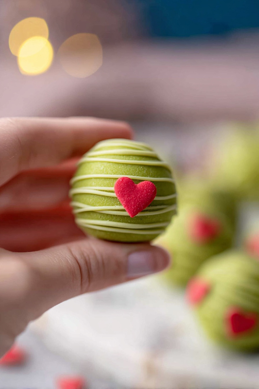 Grinch Oreo Truffles with Red Velvet Cookies, festive holiday treats, Christmas dessert recipes, no-bake truffle recipes, cute holiday candy bites - A woman's hand is holding a round green truffle with a smooth texture, decorated with thin lines of green icing wrapped around it like stripes. On one side, there is a small, flat red heart decoration placed near the center. In the blurry background, you can see more similar truffles with the same green color and red hearts on a white marbled surface. Soft round lights add a warm and cozy feeling to the image. photo taken with an iphone --ar 2:3 --v 7