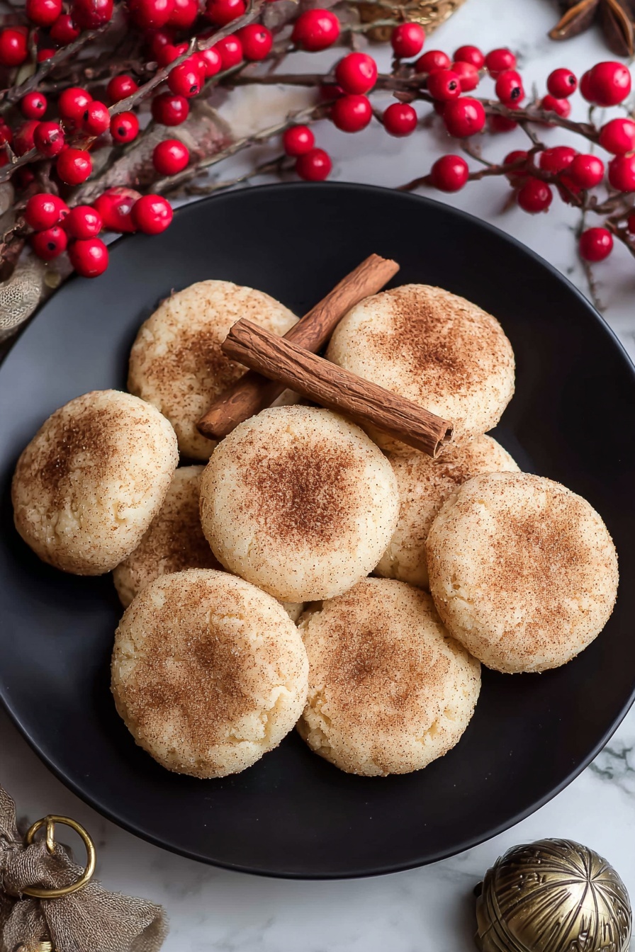 Cinnamon Cream Cheese Cookies, cinnamon sugar cookies, soft buttery cookies, cream cheese cookie recipe, easy cinnamon cookies - A black plate filled with a pile of eleven round, soft-looking light beige cookies, each covered with a dusting of fine brown cinnamon powder, creating a slightly rough texture on the surface. Two cinnamon sticks lie on top, crossing over the cookies, adding warm brown tones and a woody texture. Surrounding the plate are festive decorations including glossy, bright red berries on thin brown stems and a large, old-fashioned bronze bell. The scene is set on a white marbled surface that contrasts with the black plate and the warm colors of the cookies and decorations. photo taken with an iphone --ar 2:3 --v 7