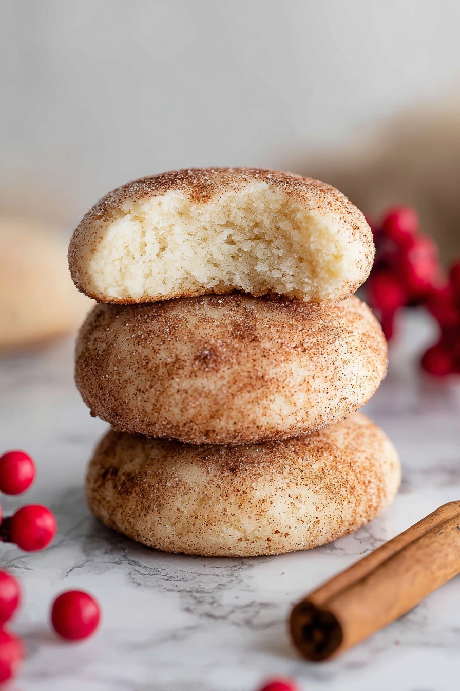 Cinnamon Cream Cheese Cookies, cinnamon sugar cookies, soft buttery cookies, cream cheese cookie recipe, easy cinnamon cookies - A close-up image shows a group of soft, round cookies stacked closely on a white plate. Each cookie is light beige with a rough texture and is covered evenly with a thin layer of cinnamon powder, giving them a warm brown speckled look. The cookies have gentle cracks and small dimples on their tops, suggesting a tender, crumbly texture. The background is blurred but shows red berries and a white marbled surface beneath the plate. photo taken with an iphone --ar 2:3 --v 7