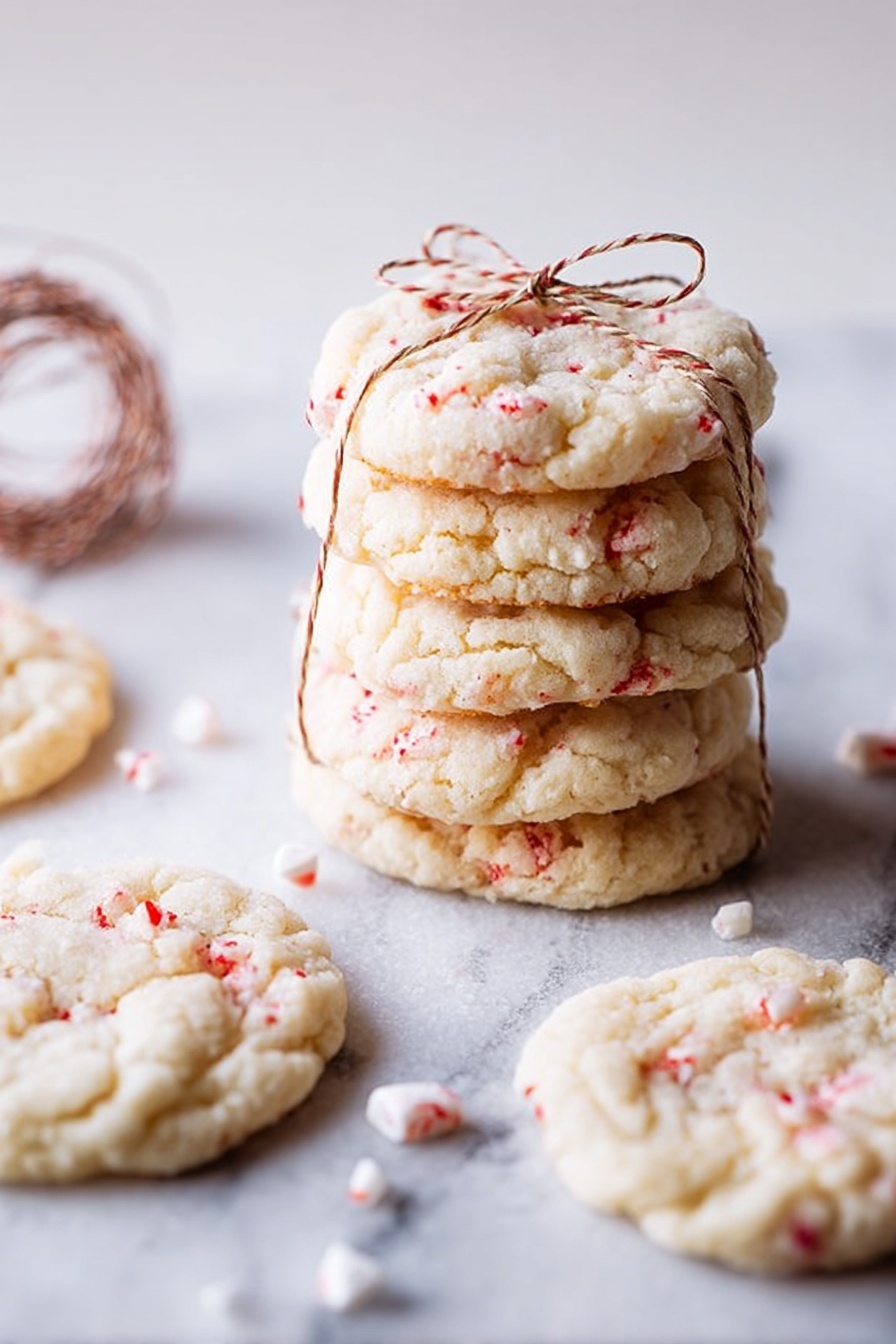 White Chocolate Candy Cane Cookies, festive holiday cookies, mint white chocolate cookies, easy Christmas cookie recipes, peppermint holiday treats - A small stack of four soft cookies sits on a white marbled surface. The cookies are pale cream colored with rough, slightly bumpy textures and light golden edges. They show bits of red scattered inside, giving a subtle splash of color through the pale dough. The top cookie is tied with a thin brown string tied in a bow, adding a simple touch. The background is softly blurred, keeping the cookies as the clear focus. photo taken with an iphone --ar 2:3 --v 7