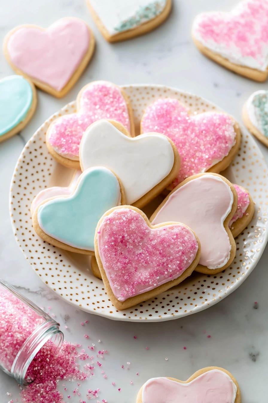 Soft Sugar Cookies, Soft Sugar Cookies Recipe, Tender Sugar Cookies, Easy Sugar Cookie Recipe, Homemade Soft Sugar Cookies - A white polka-dotted plate holds heart-shaped sugar cookies with smooth icing layers; some cookies have thick pink sugar crystals sprinkled on top of a pink or white frosting layer, others have plain white or light blue smooth icing, each cookie showing a soft golden-brown edge around the icing. The cookies vary in size, stacked and overlapping each other on the plate. Around the plate, there are more decorated cookies and a small clear container with pink sugar crystals tipped over, spilling some onto the white marbled surface. The light is soft and natural, highlighting the pastel colors and delicate texture of the cookies. Photo taken with an iphone --ar 2:3 --v 7