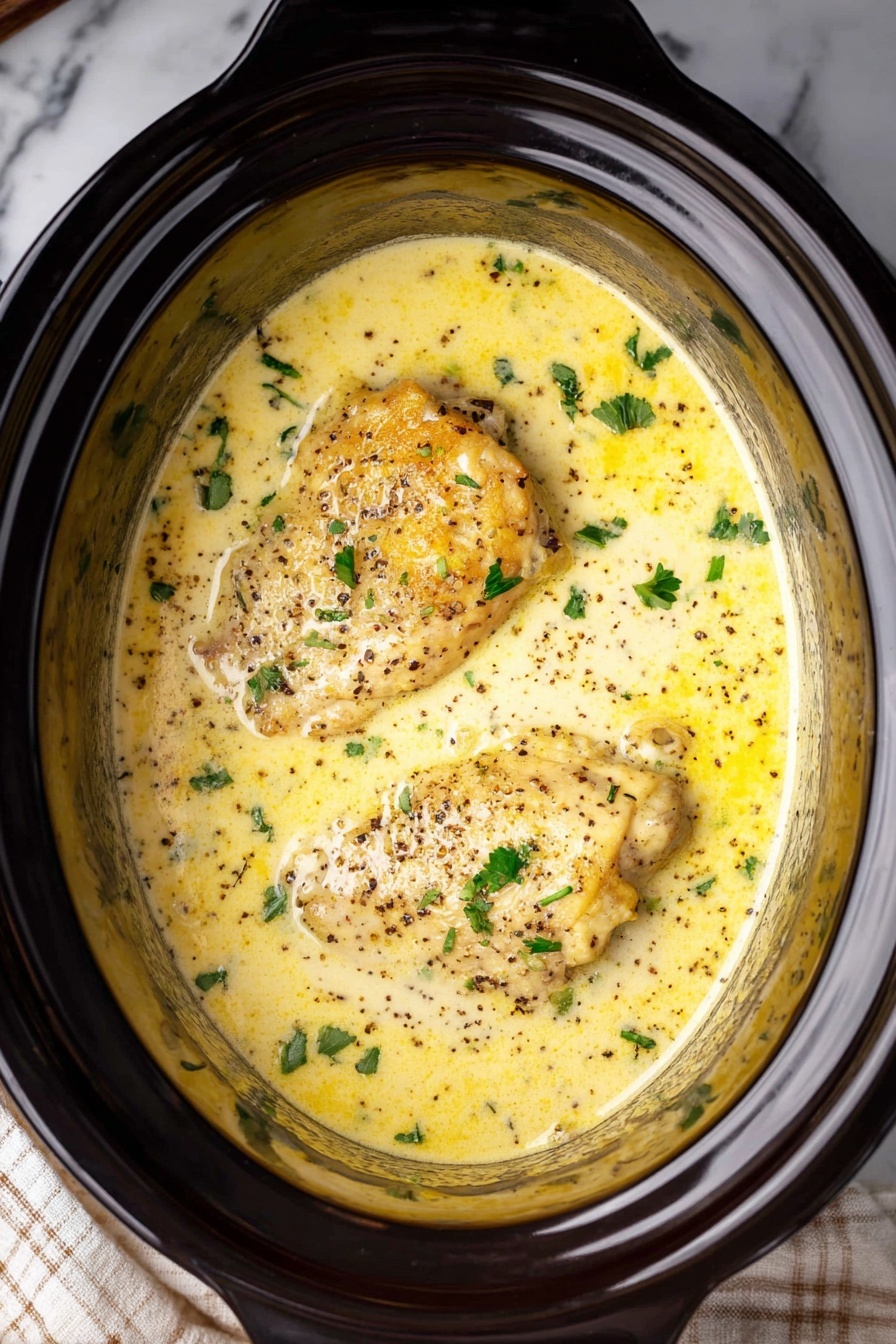 Creamy Crock Pot Angel Chicken, slow cooker chicken recipes, easy creamy chicken dinner, no-fuss crockpot chicken, beginner-friendly slow cooker meals - Inside a dark slow cooker, there is a creamy yellow sauce with black pepper and small green herb pieces scattered on top. Two pieces of golden brown chicken are partially covered by the sauce. The creamy sauce has a smooth texture with some small bubbles and herbs floating on the surface. The slow cooker is placed on a white marbled surface with part of a cloth visible on the side. photo taken with an iphone --ar 2:3 --v 7