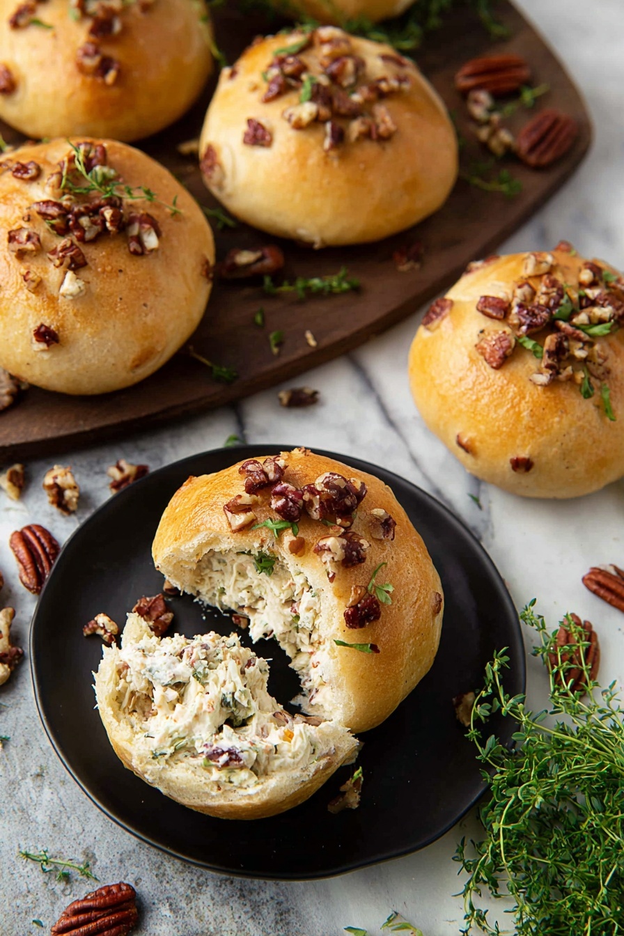 Cranberry Chicken Puffs, Cranberry Chicken Puffs recipe, easy cranberry chicken appetizer, savory cranberry chicken bites, quick crescent roll snacks - The image shows five golden brown round bread rolls topped with chopped pecans and small green herb leaves. Four rolls sit on a dark wooden board partially visible at the top, with some scattered pecans and green herbs around them. One roll is broken open on a black plate at the bottom, revealing creamy white chicken salad filling mixed with pecans inside. The surface underneath everything is a white marbled texture, and there is a small bunch of fresh green herbs on the right. Photo taken with an iphone --ar 2:3 --v 7