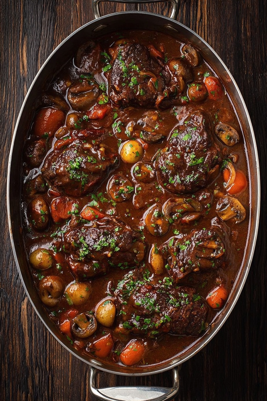 Easy Coq au Vin, chicken in red wine, French chicken recipe, comforting French dish, simple Coq au Vin - A large oval metal pot filled with rich dark brown stew showing seven pieces of thick cooked meat on top. The stew also has round golden onions, sliced brown mushrooms, and chunky orange carrot pieces mixed throughout, all covered with a thick, shiny sauce. Small green chopped herbs are sprinkled evenly over the entire dish. The pot sits on a dark wooden surface. photo taken with an iphone --ar 2:3 --v 7