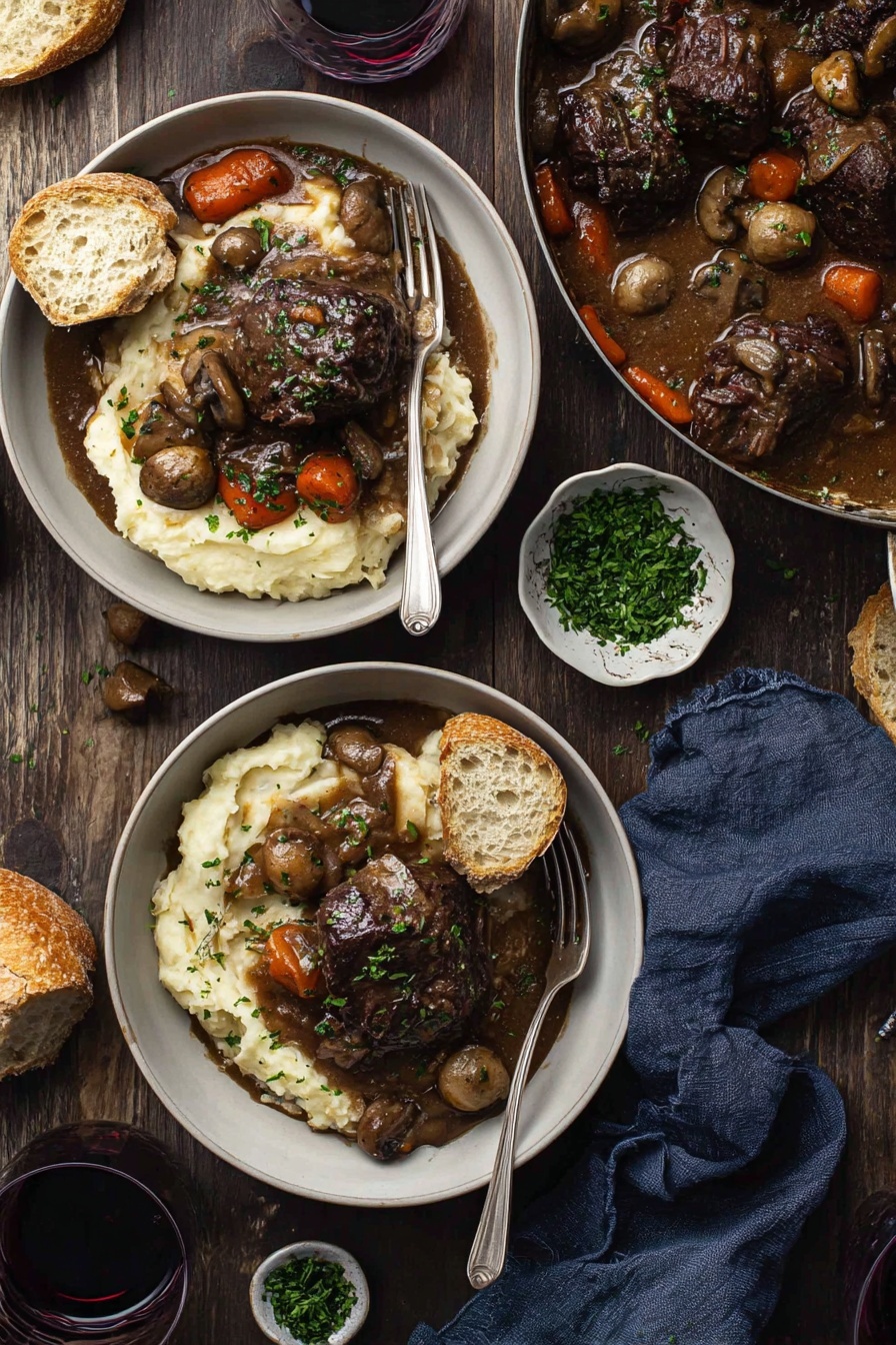 Easy Coq au Vin, chicken in red wine, French chicken recipe, comforting French dish, simple Coq au Vin - Two white bowls filled with a layer of creamy mashed potatoes topped with pieces of dark brown meat covered in thick brown gravy with whole small onions, sliced mushrooms, and chunks of orange carrots scattered around. Each bowl has a silver fork placed on the right side, partially resting on the mashed potatoes. One bowl also has two pieces of light brown crusty bread placed on top of the mashed potatoes. The bowls are set on a dark wooden surface with a few pieces of bread, a glass of red wine, a small bowl of chopped green herbs, and a dark blue cloth napkin nearby. To the upper right, there is a large pan filled with more meat, vegetables, and gravy. photo taken with an iphone --ar 2:3 --v 7