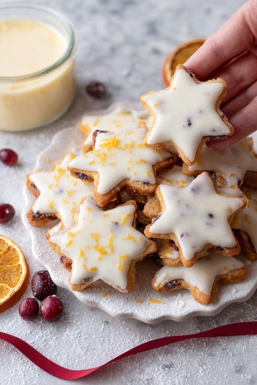 Cranberry Orange Shortbread Cookies, Cranberry Orange Cookies, Shortbread Cookie Recipes, Holiday Cookies with Cranberry and Orange, Easy Cranberry Orange Cookies - Star-shaped cookies with a smooth white icing layer sprinkled with small orange zest pieces cover a parchment paper sheet placed on a wooden board. Scattered around the cookies are thin dried orange slices with a light brown edge and dark orange centers, adding a rustic look. Small red berries, some frosted, are also spread around, contrasting with the white icing and the warm tones of the orange slices. A fine dusting of white powdered sugar is scattered lightly on the wooden board and parchment paper, enhancing the festive feel. The wooden board has a rough texture with visible grains and a small round hole at the top edge. The scene sits on a white marbled surface that is bright and smooth, providing a clean background. Photo taken with an iphone --ar 2:3 --v 7