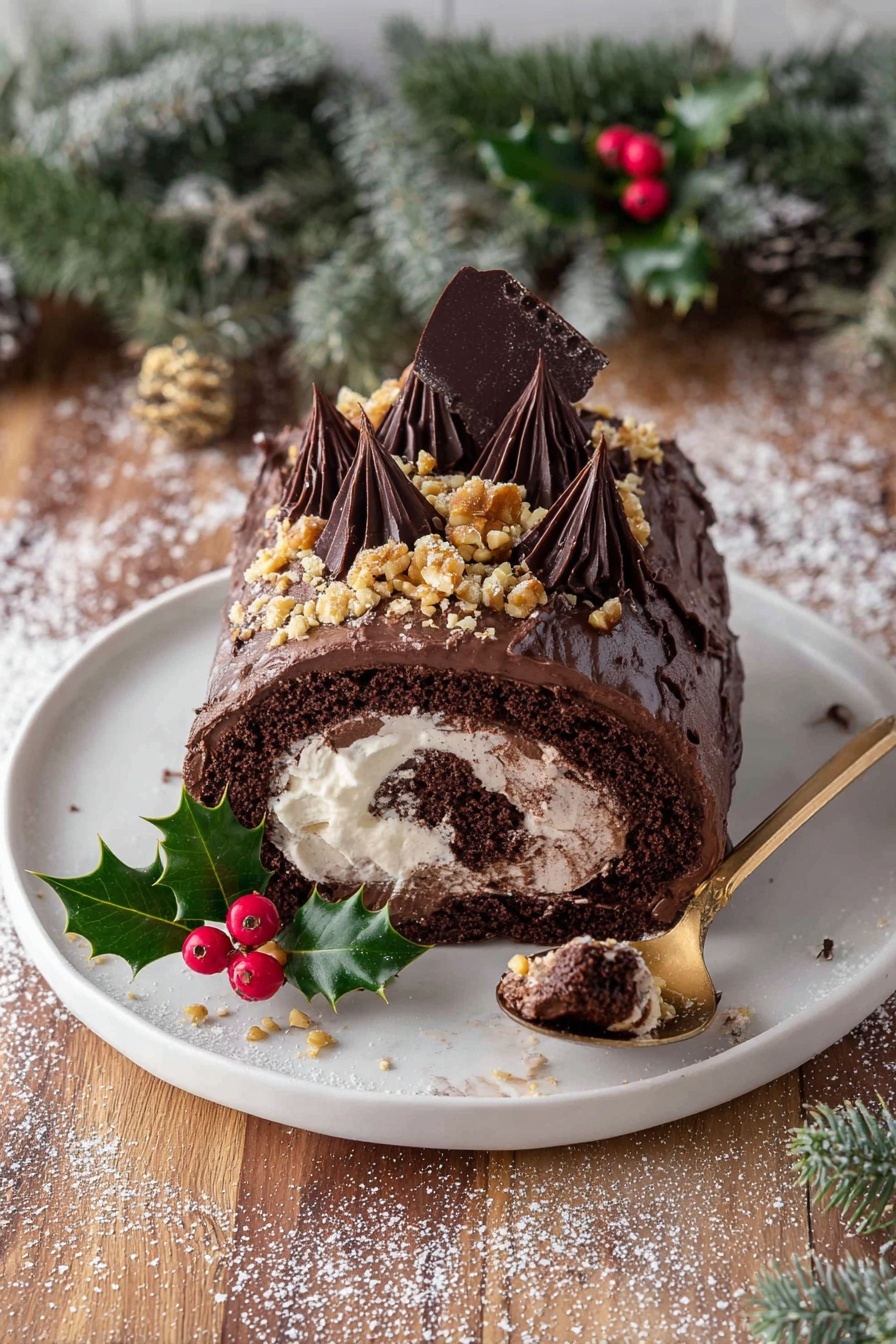 Chocolate Hazelnut Yule Log, chocolate hazelnut dessert, festive holiday cake, chocolate sponge roulade, holiday centerpieces - A chocolate roll cake is placed on a white plate, which sits on two layered wooden slabs with bark edges. The cake has three visible layers: a light brown swirl cream inside, a darker chocolate cream frosting covering the outside in a wave-like texture, and thin dark chocolate slices arranged on top in a row. The top is sprinkled with crushed nuts and powdered sugar. The cake is decorated with green holly leaves and bright red berries on top. Around the cake, there are red berries, a pine branch, and small frosted decorative pine trees on a white marbled surface. In the blurry background, there are white candles and white decorative houses. photo taken with an iphone --ar 2:3 --v 7