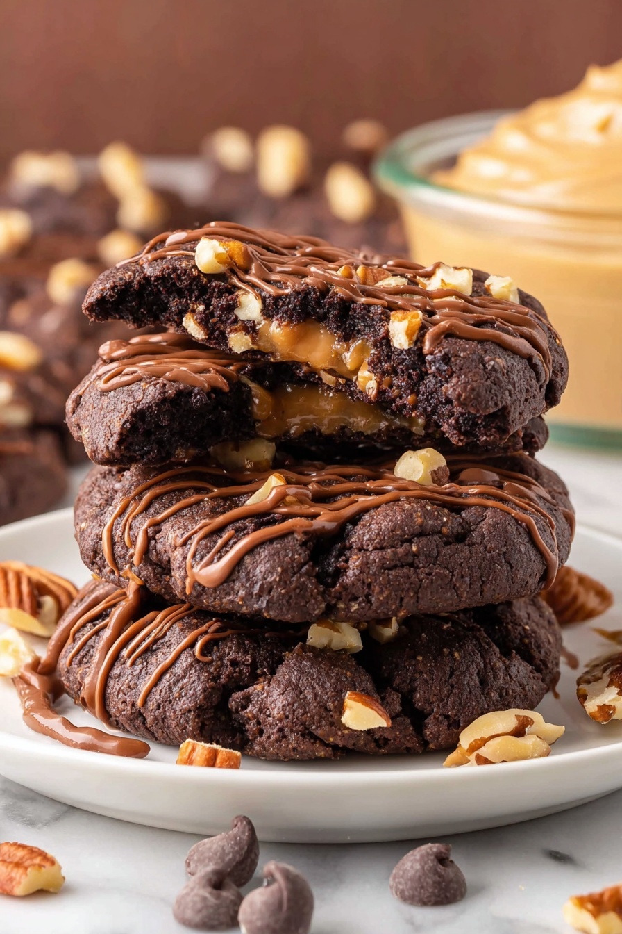 Chocolate Caramel Pecan Turtle Cookies, turtle candy cookies, caramel pecan chocolate cookies, chewy turtle cookie recipe, indulgent turtle cookie treats - The image shows a close view of a dark brown chocolate cookie with a cracked surface, topped with small pieces of walnuts in uneven spots. The cookie is split open in the middle, revealing a stretchy, shiny caramel layer that drips slightly between the two halves. A grid of smooth milk chocolate drizzles covers the top of the cookie. Around the main cookie, other similar cookies with the same chocolate drizzle pattern and walnut pieces are visible, placed on a white marbled surface. photo taken with an iphone --ar 2:3 --v 7