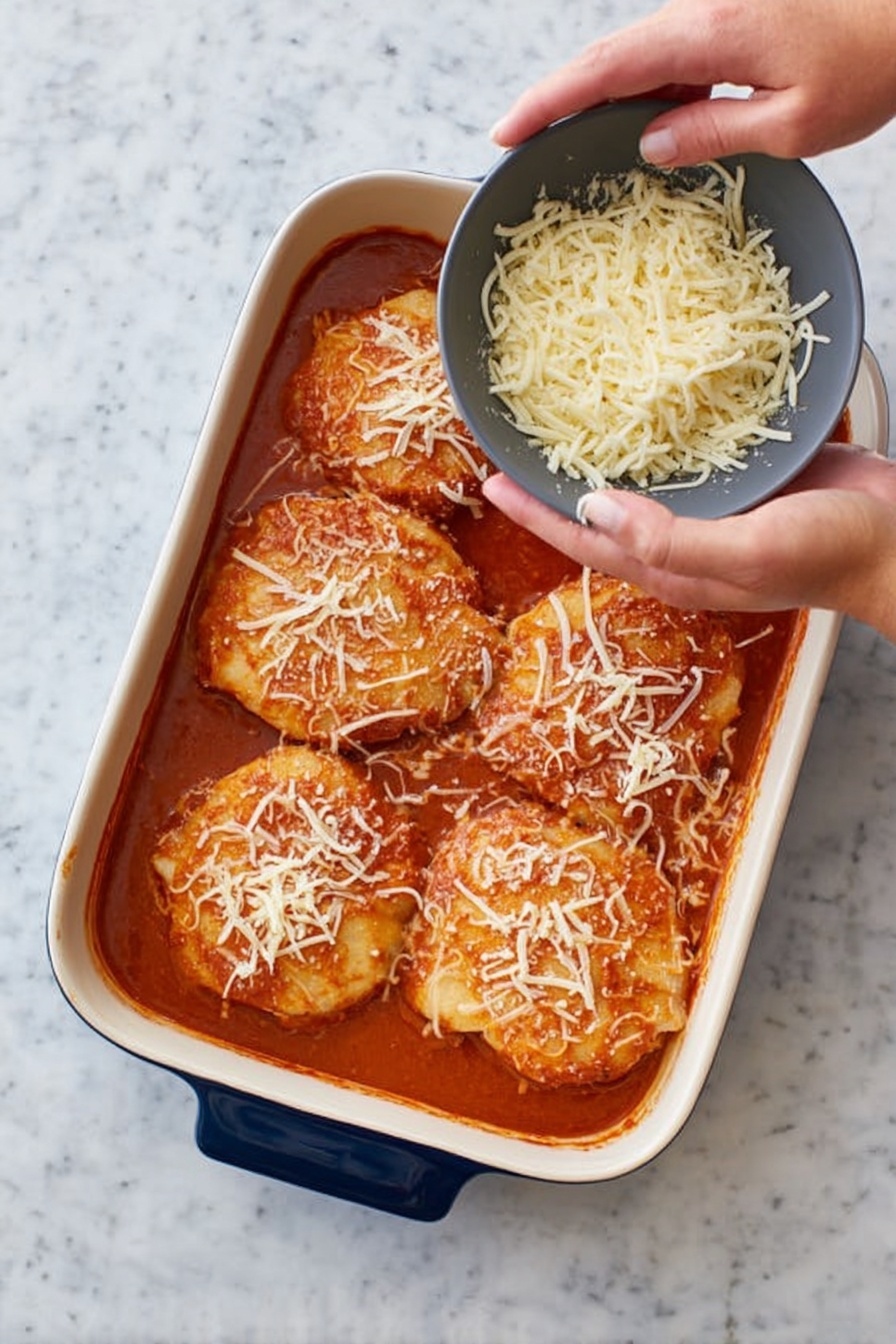Cheese and Tomato Soup Bake, tomato soup bake, cheesy tomato casserole, comforting soup bake, easy cheesy tomato dish - A white rectangular baking dish holds five large round pieces of light brown food fully covered with a smooth reddish-orange sauce. A woman's right hand is sprinkling shredded white cheese over the top right piece, while her left hand holds a dark gray bowl filled with more shredded white cheese above the dish. The dish is placed on a white marbled surface photo taken with an iphone --ar 2:3 --v 7