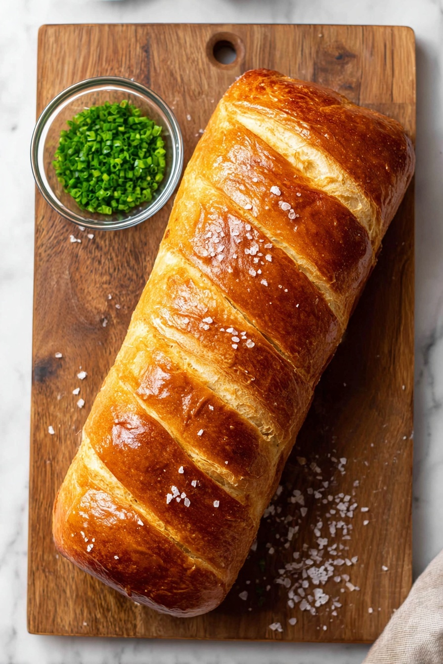 Beef Wellington, Beef Wellington recipe, how to make Beef Wellington, Beef Wellington with puff pastry, classic Beef Wellington - A loaf of golden brown bread with a shiny crust sits in the center of a wooden board, showing five diagonal cuts on top that reveal a lighter dough inside. Coarse salt crystals are sprinkled over the bread and the board, adding texture and sparkle. Near the top left corner of the board, there is a small clear round bowl filled with chopped green chives, providing a fresh contrast in color. The wooden board rests on a white marbled surface, enhancing the warm and natural feel of the scene. photo taken with an iphone --ar 2:3 --v 7