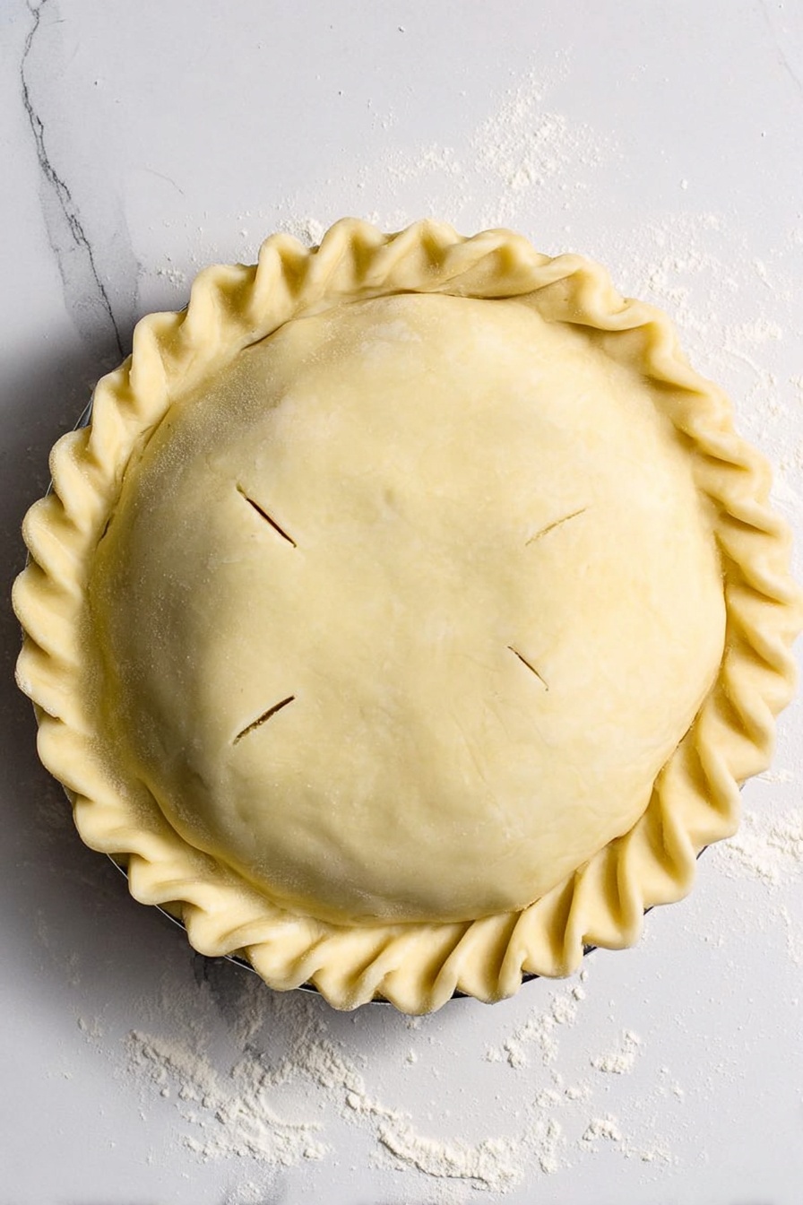 Cheddar Bacon Potato Pie, bacon potato pie, savory potato pie, cheesy bacon pie, easy comfort food - A round pie with one top layer of smooth, light yellow dough, tightly covering the filling beneath. The edge of the pie has a thick, crimped border with a wavy pattern. There are four small, straight slits evenly spaced in the center of the top dough layer for steam to escape. The pie sits on a flat white surface with a white marbled texture, showing some scattered flour nearby. photo taken with an iphone --ar 2:3 --v 7