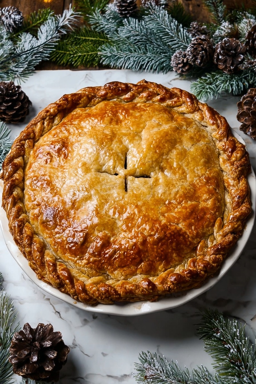 Cheddar Bacon Potato Pie, bacon potato pie, savory potato pie, cheesy bacon pie, easy comfort food - A golden brown pie with a shiny, flaky top crust that is slightly cracked and has a braided edge sits on a white plate. The top crust has a few small slits in the center for steam to escape. The pie looks thick and well-baked, surrounded by pine cones and frosted evergreen branches on a white marbled surface. The scene gives a cozy, festive feeling. photo taken with an iphone --ar 2:3 --v 7