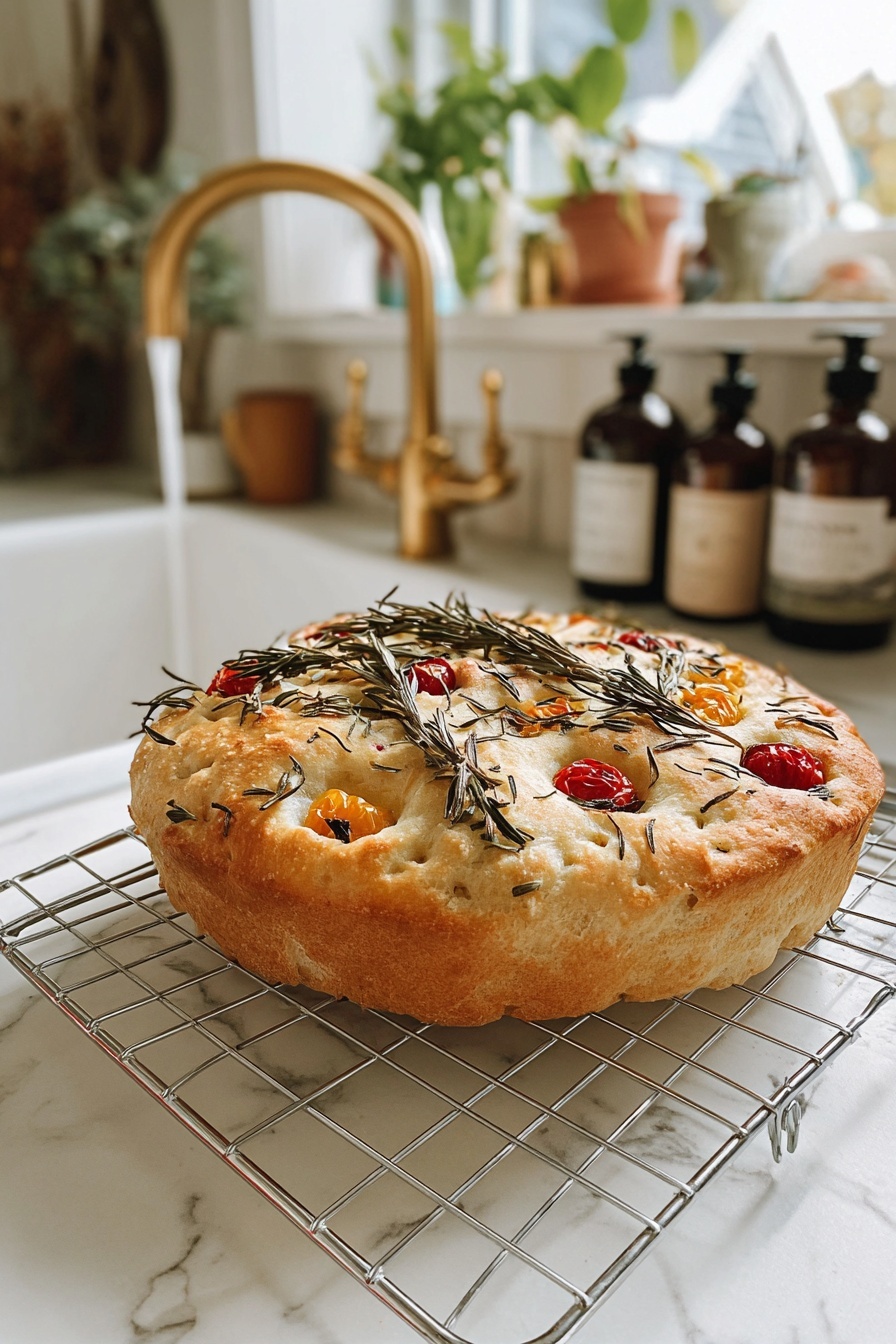 Christmas Tree Focaccia, festive focaccia bread, holiday bread recipes, homemade Christmas focaccia, easy holiday bread - The image shows a round, golden-brown focaccia bread resting on a silver cooling rack. The focaccia has small red cherry tomatoes and light yellow spots baked into the top layer, with fresh green rosemary sprigs spread across the surface. The bread looks thick and fluffy with a slightly uneven crust. This is set on a white marbled counter near a white sink with a gold faucet, with some brown and dark bottles and a plant visible in the blurred background. photo taken with an iphone --ar 2:3 --v 7