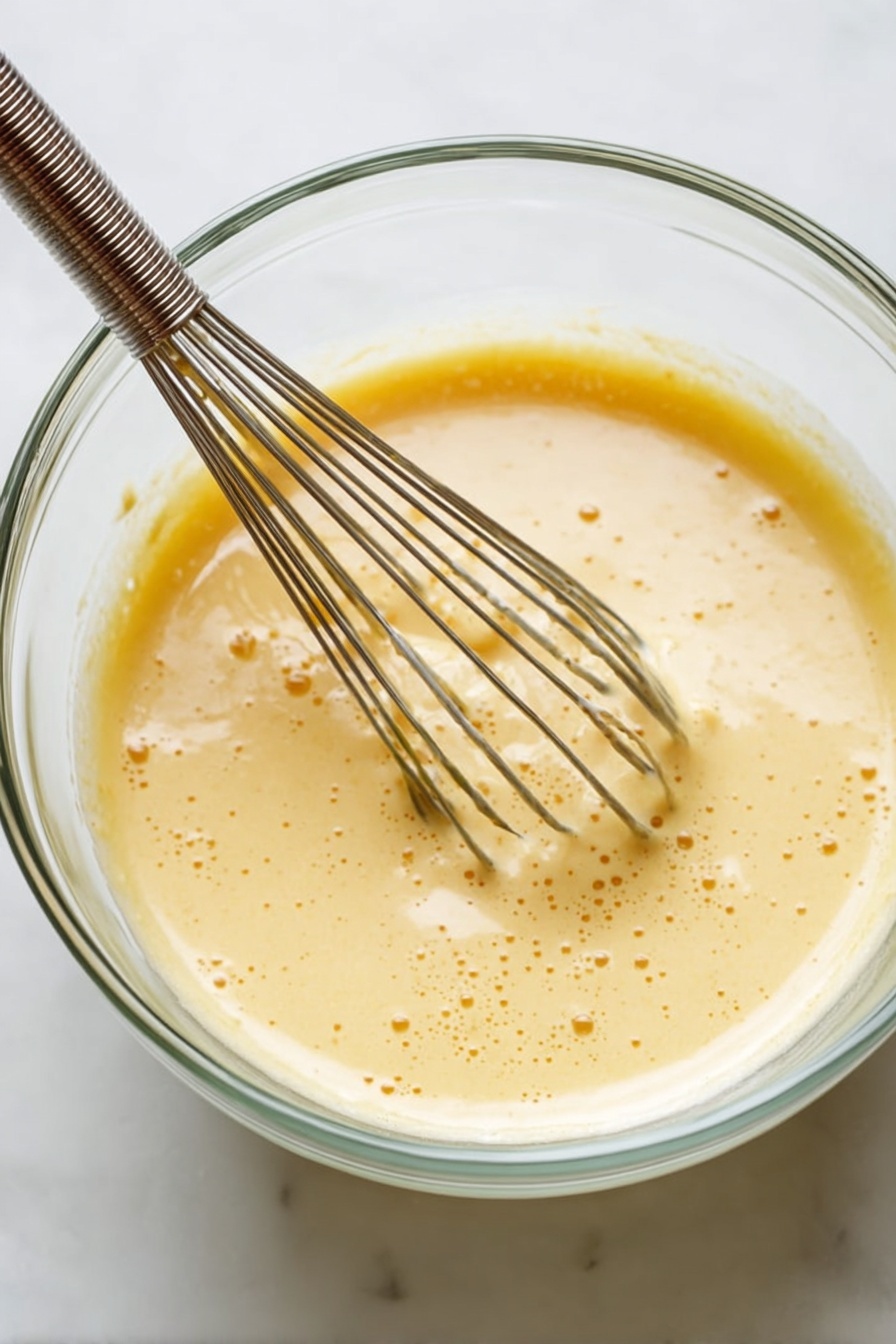 Italian Wine Custard Zabaglione, Zabaglione dessert, Italian custard recipe, wine-infused Italian dessert, easy Italian Zabaglione - A clear glass bowl filled with light yellow, creamy batter that has small air bubbles on its surface, showing a smooth and slightly thick texture. Inside the bowl, a metal whisk with thin wires is partially dipped into the batter with some batter coating the wires. The bowl sits on a white marbled surface, creating a clean and bright background. Photo taken with an iphone --ar 2:3 --v 7