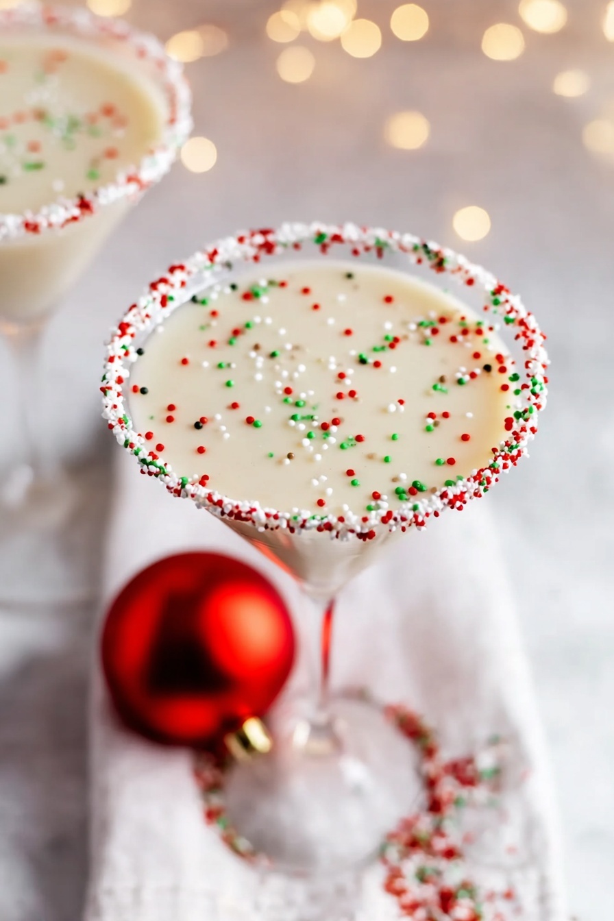 Sugar Cookie Martini, dessert cocktail recipes, festive drinks with alcohol, sweet creamy cocktails, easy holiday cocktails - The image shows a creamy light tan drink in a clear glass with a wide rim. The rim is decorated with white frosting and small red, green, and white round sprinkles all around it. Inside the drink, there are small round and star-shaped sprinkles in red, green, and white floating on the surface. The glass is placed on a white marbled surface with a soft beige cloth underneath. A round red ornament lies near the bottom of the glass, adding to the festive look. The photo taken with an iphone --ar 2:3 --v 7