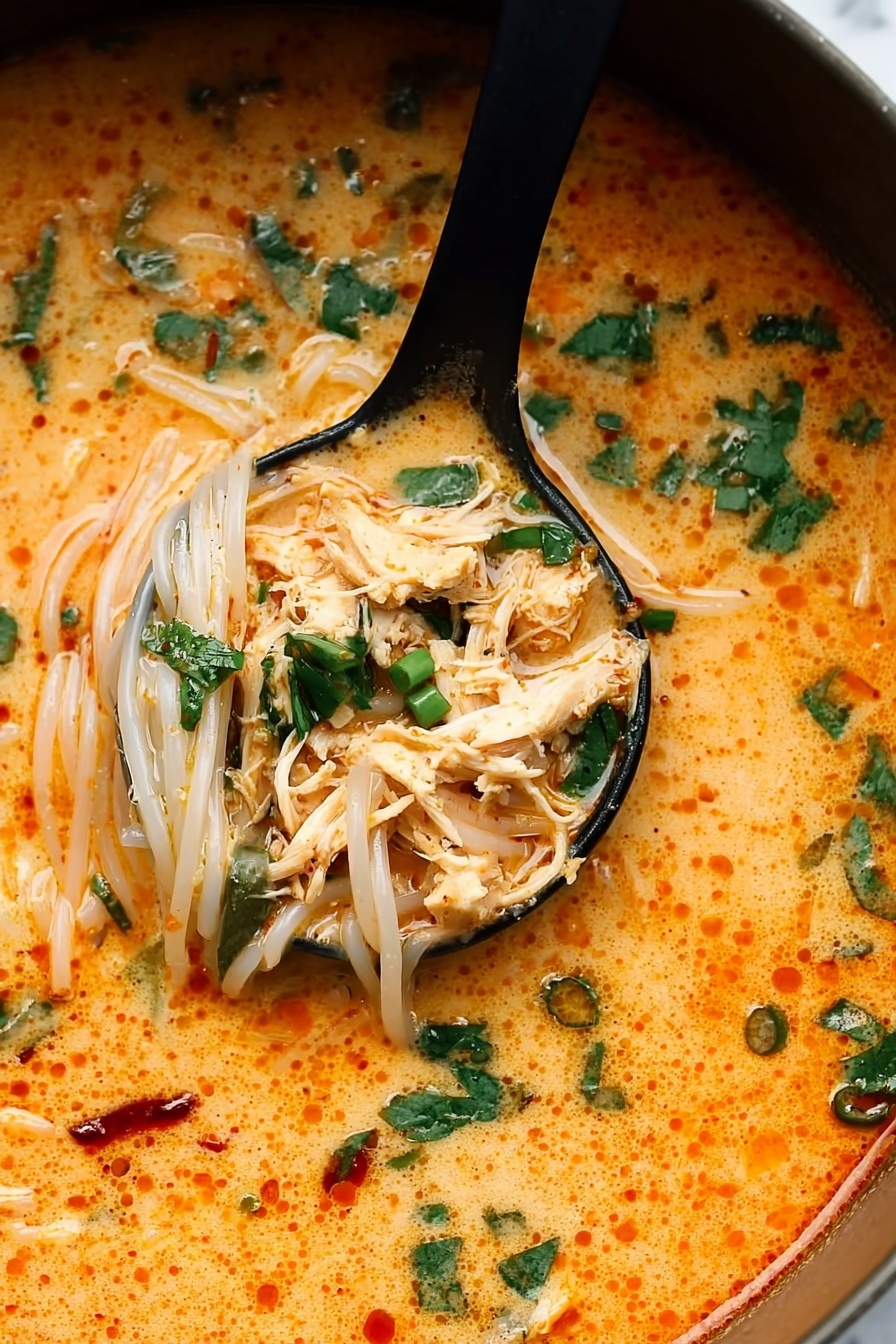Thai Chicken Curry Soup, Thai Chicken Curry Soup recipe, easy Thai chicken soup, quick Thai curry soup, coconut chicken soup - The image shows a close-up of a creamy orange soup with thin white noodles and small pieces of shredded light brown chicken. The soup is garnished with bright green chopped herbs, mostly cilantro and green onions, floating on top. A black ladle holds a scoop of noodles and chicken, partially lifted from the soup. The surface of the soup looks smooth with some specks of black pepper and red chili flakes. The background is a white marbled texture. photo taken with an iphone --ar 2:3 --v 7
