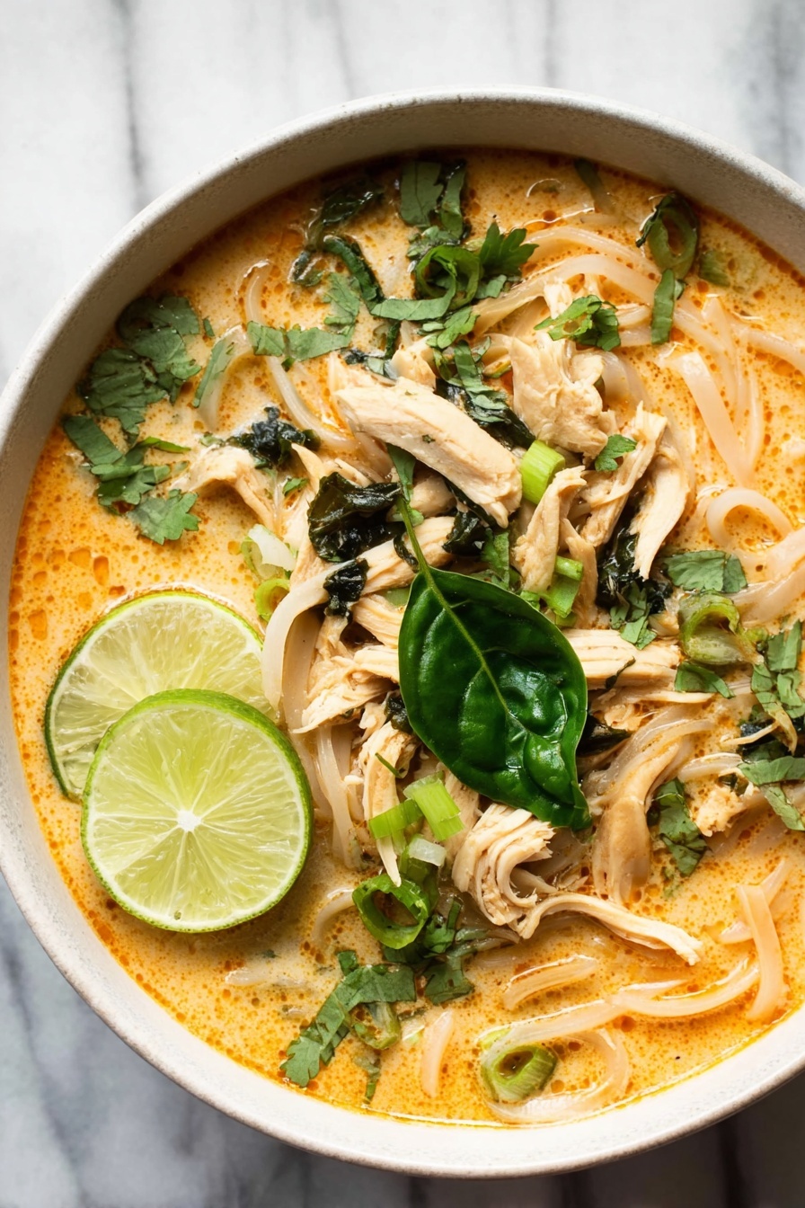 Thai Chicken Curry Soup, Thai Chicken Curry Soup recipe, easy Thai chicken soup, quick Thai curry soup, coconut chicken soup - A white bowl filled with creamy orange broth covering soft white noodle strands arranged in the center and slightly tangled. On top, several shredded pale chicken strips are spread out, mixed with small dark green herb pieces and chopped light green onions. A bright green spinach leaf rests near the middle, surrounded by fresh cilantro leaves scattered around the edge. A wedge of lime with visible texture sits on the left side, partially submerged in the broth. The bowl is placed on a white marbled surface. photo taken with an iphone --ar 2:3 --v 7