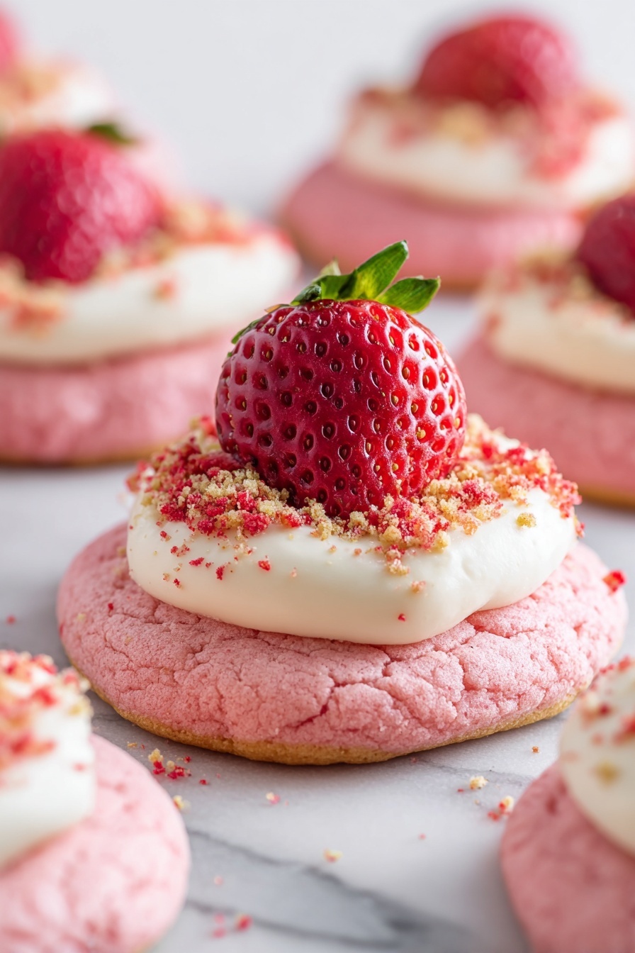 Strawberry Crunch Cookies with Cream Cheese Frosting, strawberry cookie recipes, cream cheese frosting desserts, fruit-topped cookie recipes, crunchy berry cookies - A close-up view of pink round cookies with a soft, slightly cracked texture as the base layer. The second layer is a smooth white cream spread evenly on top of each cookie. The third layer is a sprinkling of crushed red and light tan crumbs over the cream, adding texture and color contrast. On the very top of each cookie sits a bright red strawberry with green leaves, standing out clearly against the white cream and pink cookie. The cookies are arranged on a white marbled surface, with some blurred cookies in the background creating depth. Photo taken with an iphone --ar 2:3 --v 7