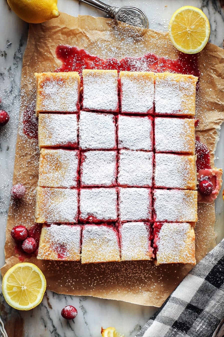 Cranberry Lemon Bars, cranberry lemon bars recipe, tart lemon bars with cranberries, easy cranberry lemon dessert, homemade cranberry lemon bars - A square dessert is shown, cut into 16 small pieces arranged in a 4 by 4 grid. Each piece has a top layer dusted heavily with white powdered sugar, giving a soft, snowy look. Underneath, a vibrant red filling is visible, adding bright color between the golden brown crust edges. The dessert sits on a piece of lightly stained parchment paper that has red fruit juices spread around the edges. Scattered fresh red berries are placed near the dessert, along with two squeezed yellow lemon halves at the bottom and top right. A white and black checkered cloth is partially visible at the bottom right corner. The whole setup is placed on a white marbled surface with a woman's hand holding a metal utensil near the top left. photo taken with an iphone --ar 2:3 --v 7