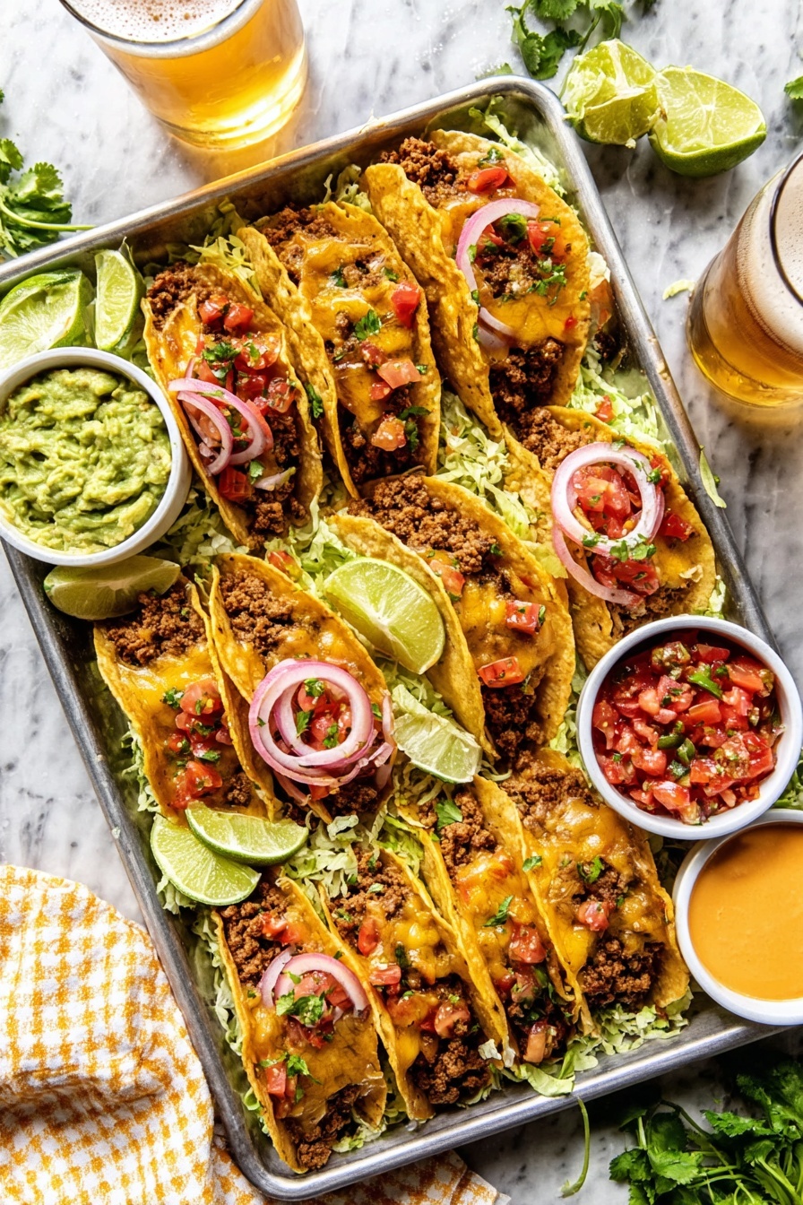 Baked Crispy Beef Tacos, crispy baked beef tacos, easy baked beef tacos, flavorful beef taco recipe, homemade beef tacos - A metal tray filled with ten soft golden tortillas folded in half, each filled with browned ground meat mixed with melted cheese and topped with small pieces of red tomato and green herbs, all resting on a bed of shredded pale green lettuce. Thin slices of bright pink pickled onions and lime wedges are placed on top and around the tray. On the side are three small white bowls: one with smooth green guacamole, one with red and white tomato salsa, and one with a creamy orange sauce. The tray sits on a white marbled surface with a glass of beer and some fresh green cilantro nearby. A white and yellow checkered cloth partly covers the bottom right corner. photo taken with an iphone --ar 2:3 --v 7