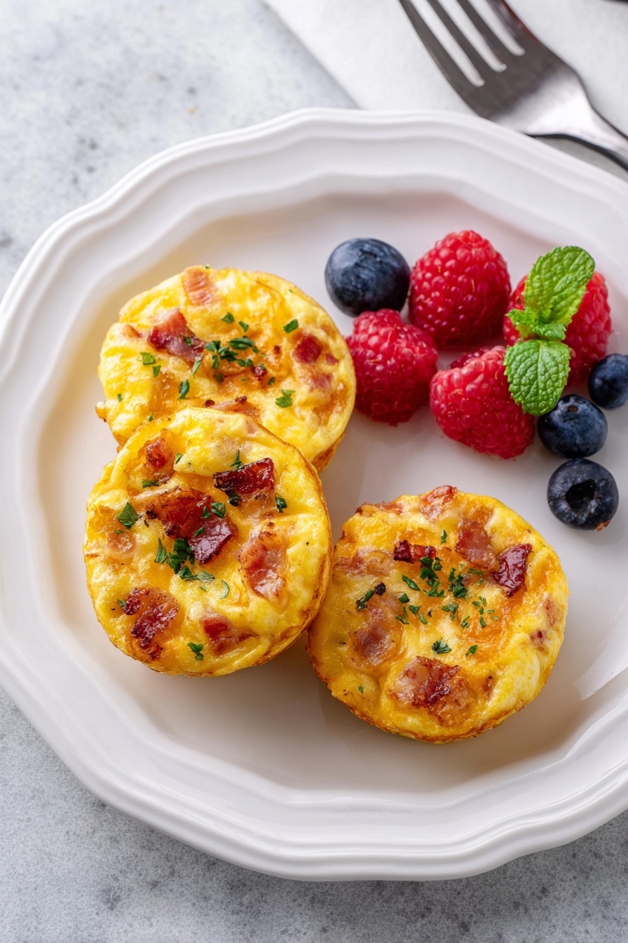 Easy Egg Bites, breakfast egg bites, cheesy egg bites, makeahead breakfast, healthy morning recipes - A white plate with a wavy edge holds three round, golden-yellow egg muffins that have small pieces of reddish-brown bacon and melted cheese mixed inside, with some green parsley sprinkled on top. Beside the muffins is a small pile of fresh berries including bright red raspberries and dark blue blueberries, topped with a small green mint leaf. The plate sits on a white marbled surface with a fork visible on the right side near the edge. photo taken with an iphone --ar 2:3 --v 7