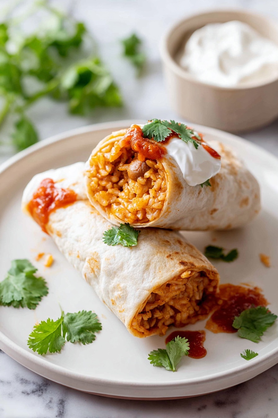Cheesy Bean and Rice Burritos, cheesy bean and rice burritos, easy burrito recipes, vegetarian burrito ideas, quick weeknight dinners - Two soft white tortillas are rolled and placed on a white plate, one whole and one cut in half showing a mix of orange-brown rice and beans inside. The cut burrito is stacked on top of the whole one. A dollop of white sour cream and red salsa sauce with some fresh green cilantro leaves are on top of the burritos. Extra cilantro leaves are scattered on the plate around the burritos. In the background, there is a small bowl of white sour cream on the white marbled surface. The photo is taken with an iphone --ar 2:3 --v 7