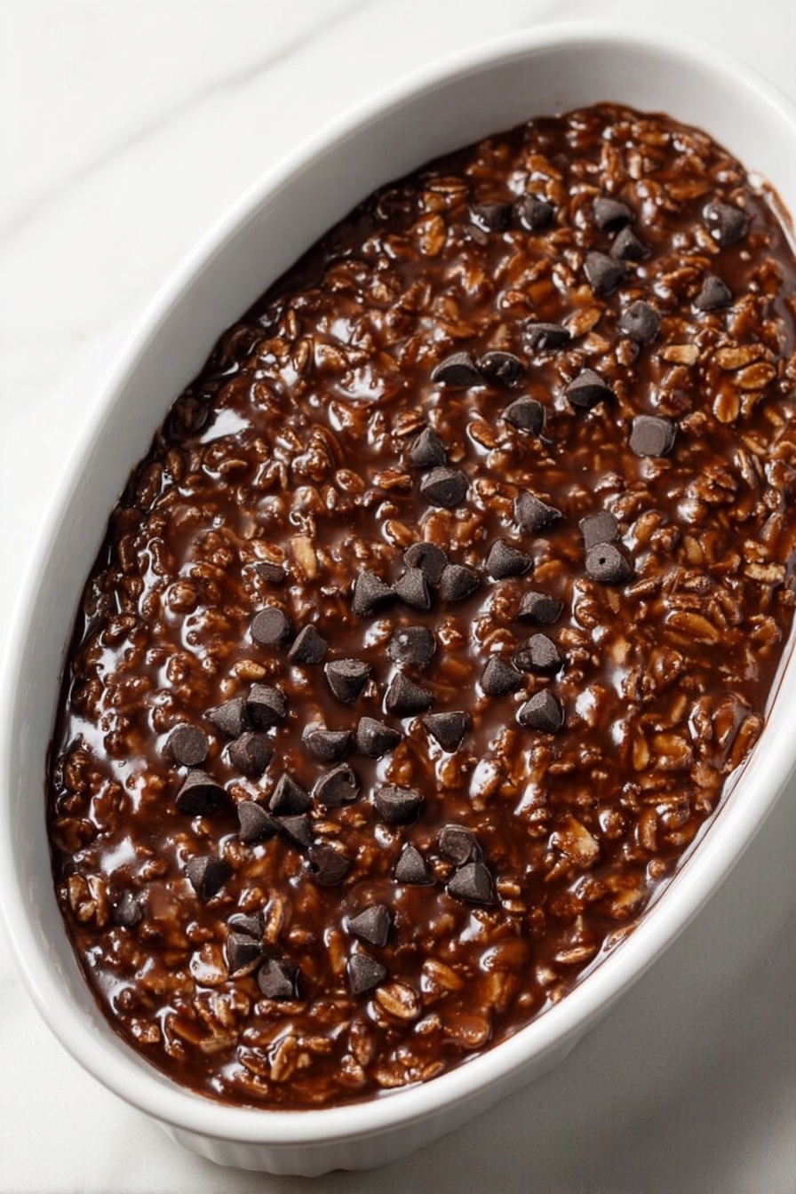 Chocolate Banana Baked Oatmeal, healthy baked oatmeal recipes, easy breakfast ideas with bananas, chocolate breakfast dishes, wholesome breakfast recipes - The image shows an oval-shaped white dish filled with a thick, dark brown chocolate oat mixture. The texture is chunky with visible oats mixed in a glossy chocolate sauce. Scattered on top are small, dark chocolate chips that add a slightly raised detail. The dish sits on a white marbled surface, highlighting the rich color of the mixture inside. photo taken with an iphone --ar 2:3 --v 7
