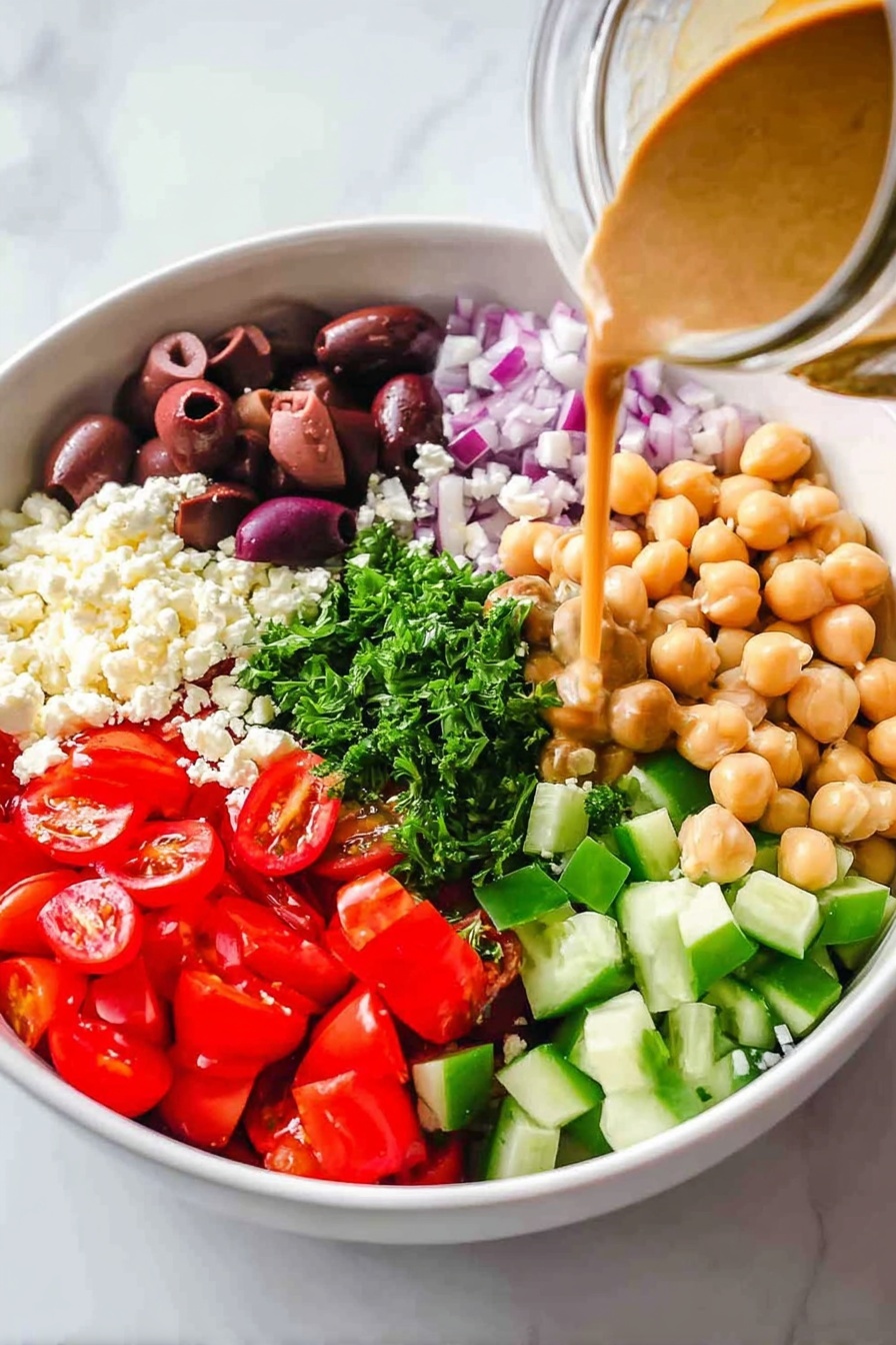Quick Mediterranean Chickpea Salad, Mediterranean Chickpea Salad, Easy Chickpea Salad, Healthy Mediterranean Salad, Vegan Chickpea Salad - A white bowl holds seven distinct layers arranged in a circle on a white marbled surface. Starting from the left, there are bright red, halved cherry tomatoes, next to a pile of small, crumbly white cheese pieces. Moving clockwise, a section of dark purple sliced olives sits beside chopped fresh green parsley in the center. Next to the parsley are cubes of light green cucumber and bright red diced bell peppers. Opposite the tomatoes, tan chickpeas form a rounded cluster. A woman's hand pours a smooth, light brown dressing from a jar over the ingredients, adding a glossy shine to the mix. photo taken with an iphone --ar 2:3 --v 7