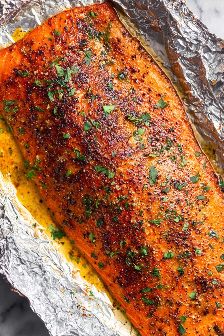 Oven Baked Salmon with Garlic and Herbs, healthy baked salmon, easy salmon dinner, flavorful salmon recipes, quick garlic herb salmon - A large piece of cooked salmon lies on crinkled aluminum foil in a baking pan, with a golden-brown seasoned crust on top sprinkled with green herbs. The salmon is flaked in the lower right area, showing moist, soft, pink layers inside with some parts breaking apart. A silver fork rests next to the flaked salmon on the right side. The baking pan sits on a white marbled surface. photo taken with an iphone --ar 2:3 --v 7