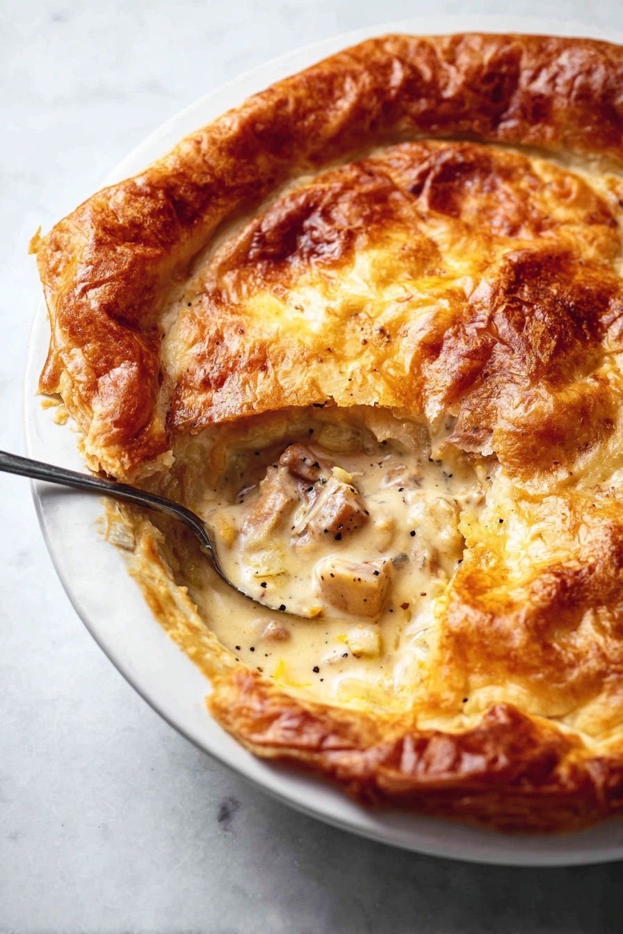 Creamy Chicken Mushroom Pie, savory chicken pie, easy chicken mushroom dish, comforting chicken pastry, flaky puff pastry chicken pie - A white pie dish sits on a white marbled surface holding a golden brown pie with a thick, crispy crust that is puffed and uneven around the edges, showing a deep amber color from baking. One section of the crust has been lifted slightly by a spoon, revealing a creamy filling with chunks of light brown and beige ingredients, some speckled with black pepper. The filling appears smooth and rich, contrasting with the flaky texture of the crust above. photo taken with an iphone --ar 2:3 --v 7