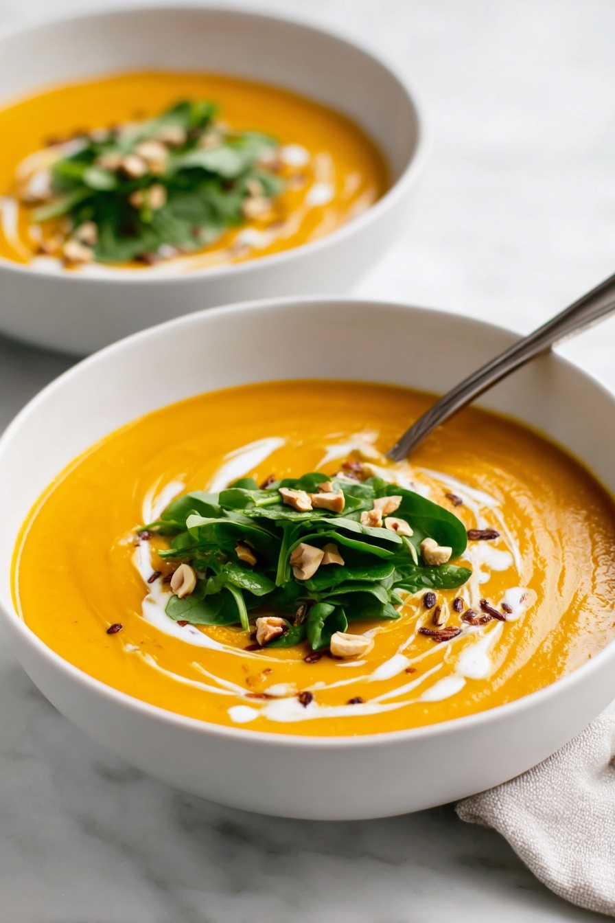 Creamy Sweet Potato Soup with Ginger, healthy sweet potato soup, cozy ginger soup recipe, easy creamy vegetable soup, comforting fall soup - Two white bowls sit on a white marbled surface, each filled with a smooth, thick, bright orange soup. The soup is swirled with white cream, creating soft patterns on the surface. On top of the soup, in the center, is a small pile of fresh green leaves, likely spinach or watercress, and scattered light brown pieces that look like chopped nuts or seeds. One silver spoon rests on the edge of the bowl in the front. In the background, a second bowl is slightly out of focus. Photo taken with an iphone --ar 2:3 --v 7