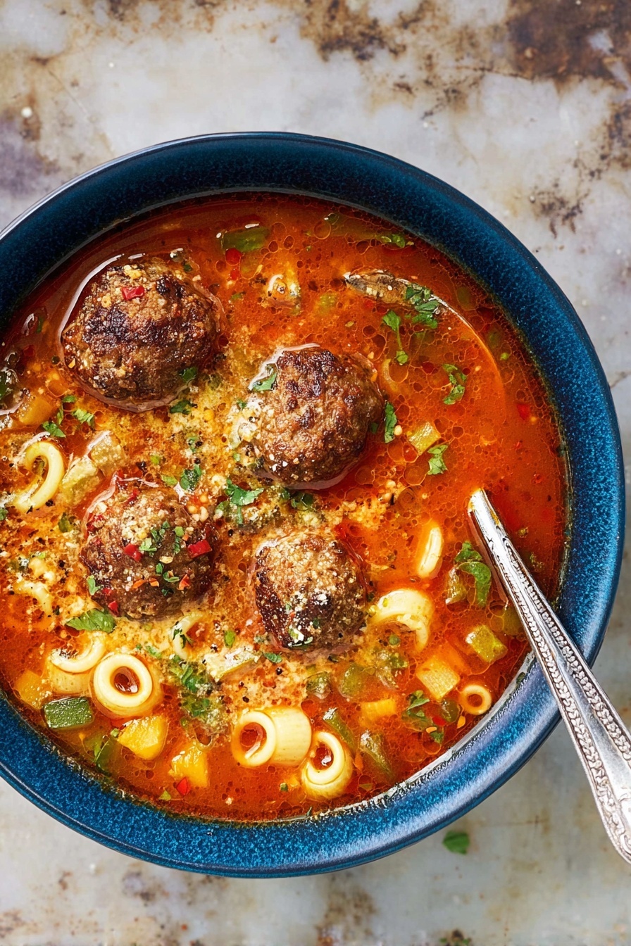 Hearty Meatball Soup with Pasta, meatball pasta soup recipe, comforting meatball soup, easy meatball and pasta soup, homemade meatball soup - A blue bowl filled with rich red soup on a white marbled surface, containing five browned meatballs sitting on top of small ring-shaped pasta and diced vegetables in an orange-red broth. The soup has visible seasoning like green herbs, red pepper flakes, and a drizzle of melted cheese or cream. A silver spoon with a textured handle rests inside the bowl on the right side. photo taken with an iphone --ar 2:3 --v 7