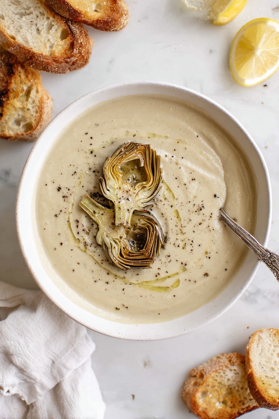 Creamy Artichoke Soup, artichoke soup recipe, vegan artichoke soup, quick creamy soup, cozy soup ideas - A white bowl filled with a smooth, creamy beige dip that has gentle swirl patterns on its surface, lightly sprinkled with coarse black pepper bits, is placed on a white marbled texture. In the background, there are toasted round pieces of bread with a golden crust on a baking tray, and two lemon wedges with bright yellow flesh are nearby. The overall scene has a soft and light tone, with hints of texture and natural light. photo taken with an iphone --ar 2:3 --v 7