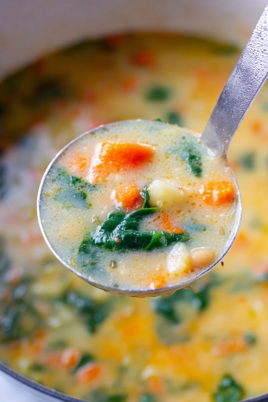 Creamy White Bean Soup with Spinach, White Bean Soup, Creamy Vegetarian Soup, Healthy Spinach Soup, Easy Bean Soup Recipe - A large silver ladle is filled with thick vegetable soup held close to the camera. Inside the ladle, the soup has a creamy light yellow base with visible layers of soft orange carrot bits, deep green spinach leaves, and small pale chunks of potato. The background shows more of the same soup in a pot, with the same colors and texture slightly blurred. The setting is on a white marbled surface. photo taken with an iphone --ar 2:3 --v 7