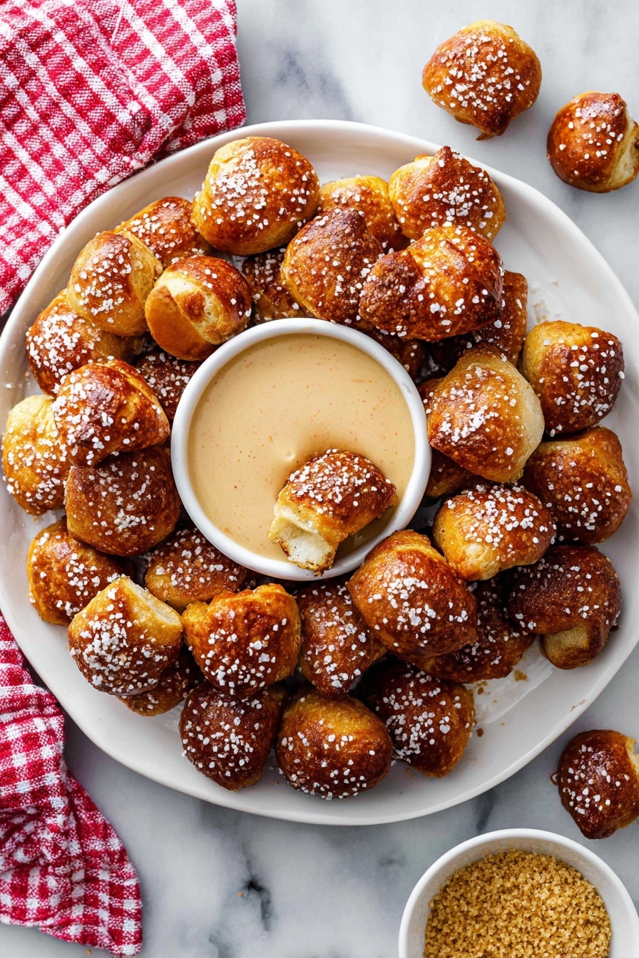 Soft Pretzel Bites, Soft Pretzel Bites Recipe, Easy Pretzel Bites, Chewy Pretzel Bites, Salty Snack Ideas - A white plate holds many small, golden brown pretzel bites sprinkled with coarse salt. In the center of the plate is a small white bowl filled with creamy, light tan dipping sauce, with one pretzel bite dipped into it. Around the plate on a white marbled surface are a few more pretzel bites. A small white bowl near the bottom right corner contains grainy mustard. A red and white checkered cloth is partly visible in the top left corner. Photo taken with an iphone --ar 2:3 --v 7