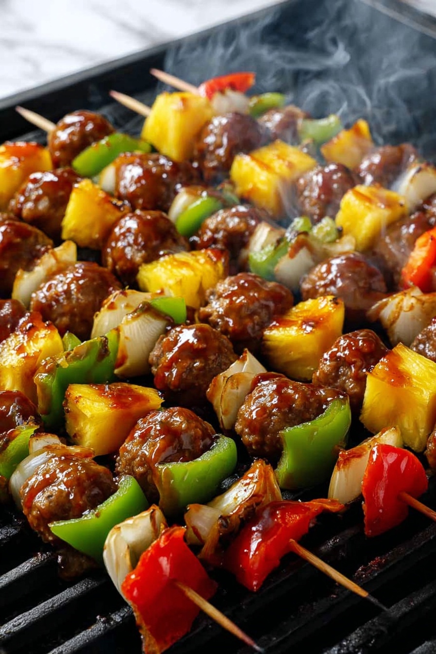 Sweet and Sour Meatball Kabobs, Meatball Kabobs with Sweet and Sour Sauce, Easy Meatball Kabobs Recipe, Colorful Meatball Skewers, Party Meatball Kabobs - The image shows several skewers arranged closely together with layers of grilled food. Each skewer has a repeating pattern of brown meatballs, bright yellow pineapple chunks, white onion pieces with slight char marks, green bell pepper sections, and red bell pepper pieces. A woman's hand is seen brushing glossy brown sauce over the skewers. The scene is set on a black grill with a white marbled background. photo taken with an iphone --ar 2:3 --v 7