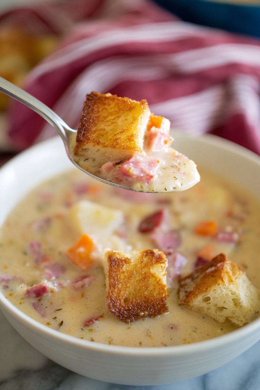 Reuben Soup with Swiss Cheese and Corned Beef, Reuben Soup recipe, hearty deli-inspired soup, easy Reuben soup, comforting corned beef soup - A close-up of a spoon held by a woman's hand, lifting a creamy soup that contains visible pieces of orange carrot, pink ham, and light-colored potato chunks, topped with a golden brown toasted bread cube. Below the spoon, a white bowl filled with the same creamy soup is garnished with several toasted bread cubes floating on the surface. The soup looks thick and rich, with a smooth, light beige color speckled with bits of ham and vegetables. All this is placed on a white marbled surface with a blurred red and white striped cloth in the background. photo taken with an iphone --ar 2:3 --v 7